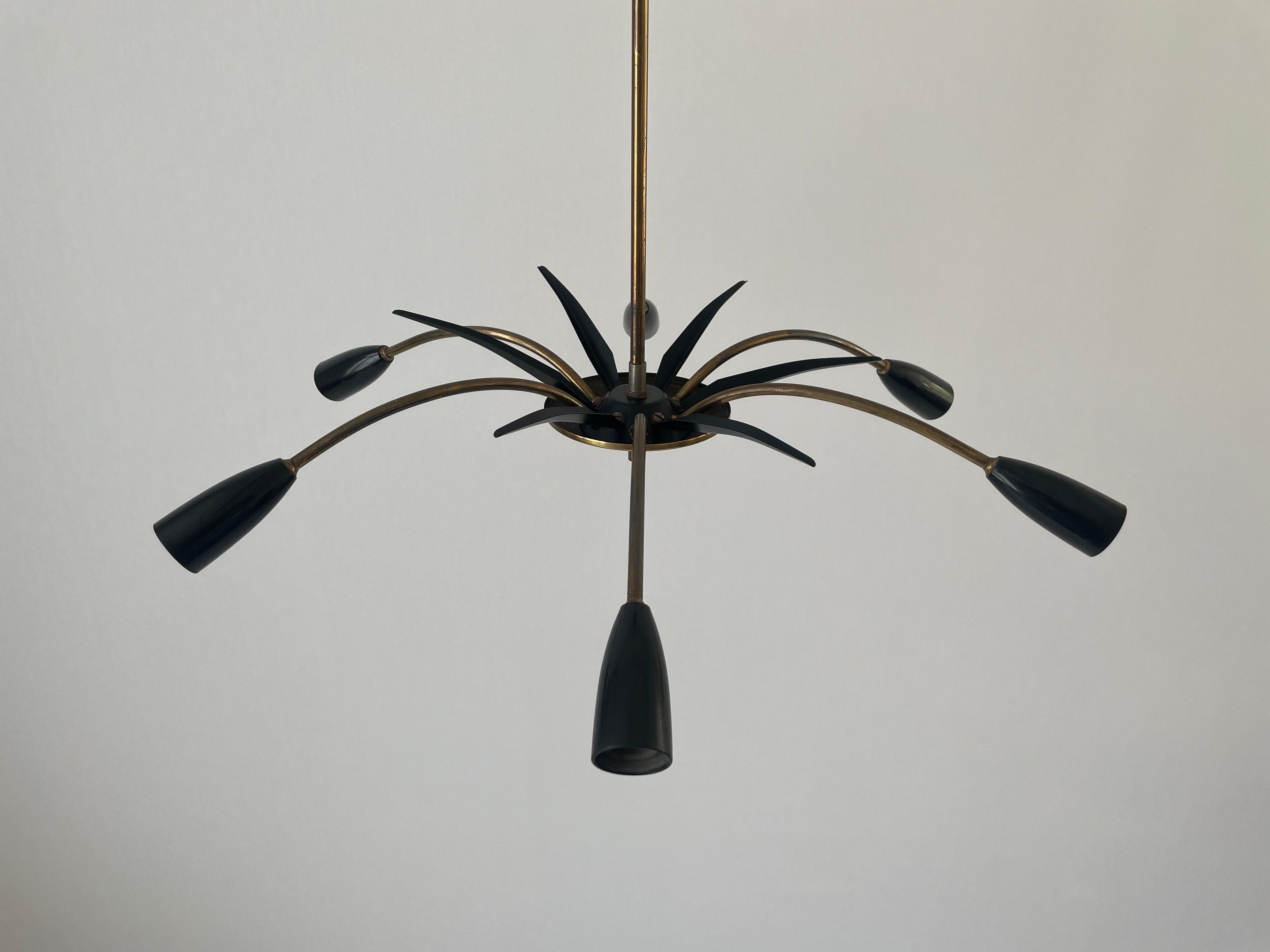 Black metal & 6-armed Brass Body Ceiling Lamp, 1950s, Germany

This lamp works with 6x E14  light bulb. Max 100W
Wired and suitable to use with 220V and 110V for all countries.

Measurements: 
Height: 48 cm
Shade diameter and height: 62 cm and 12 cm