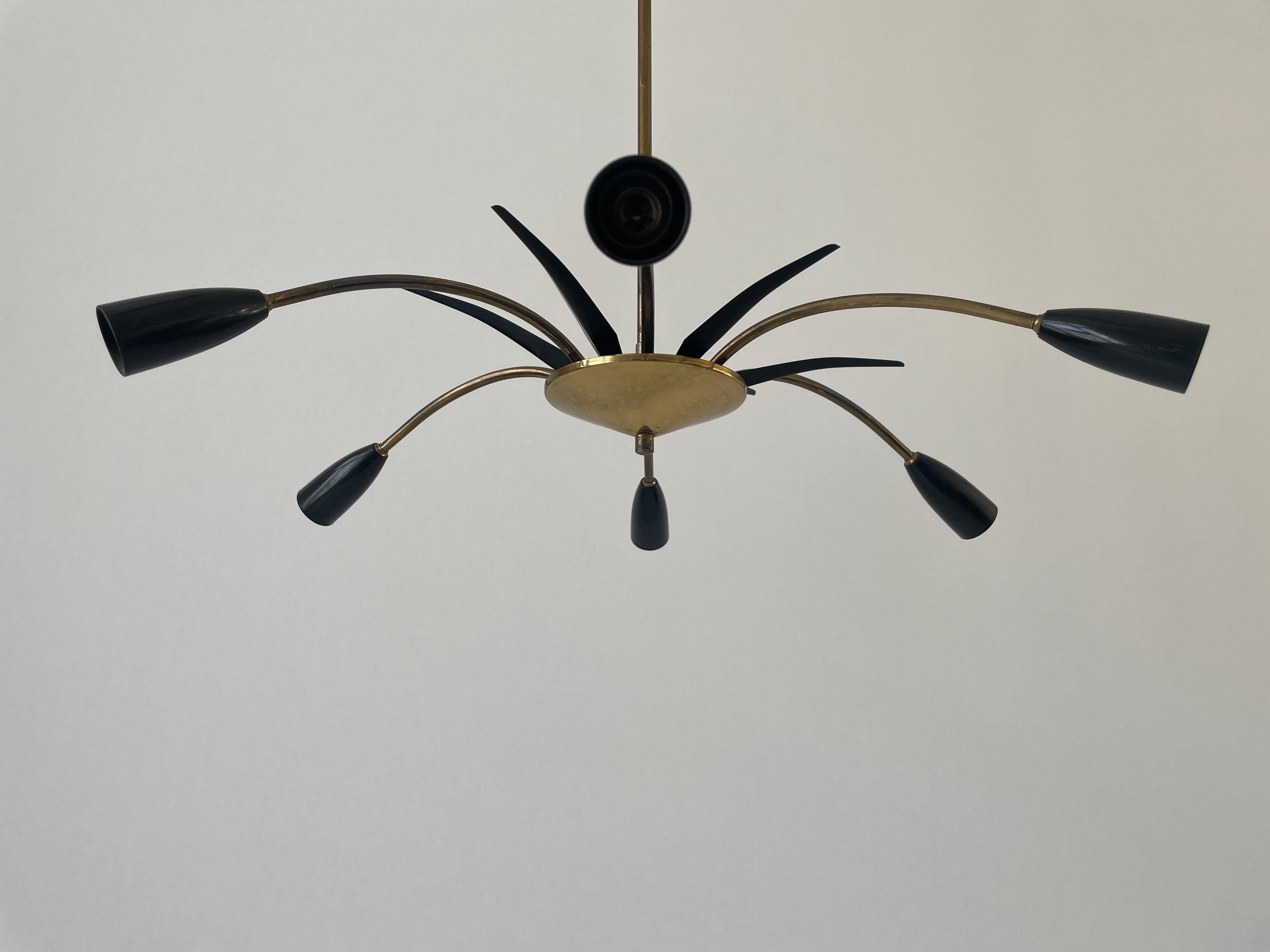 Mid-Century Modern Black Metal & 6-armed Brass Body Ceiling Lamp, 1950s, Germany For Sale