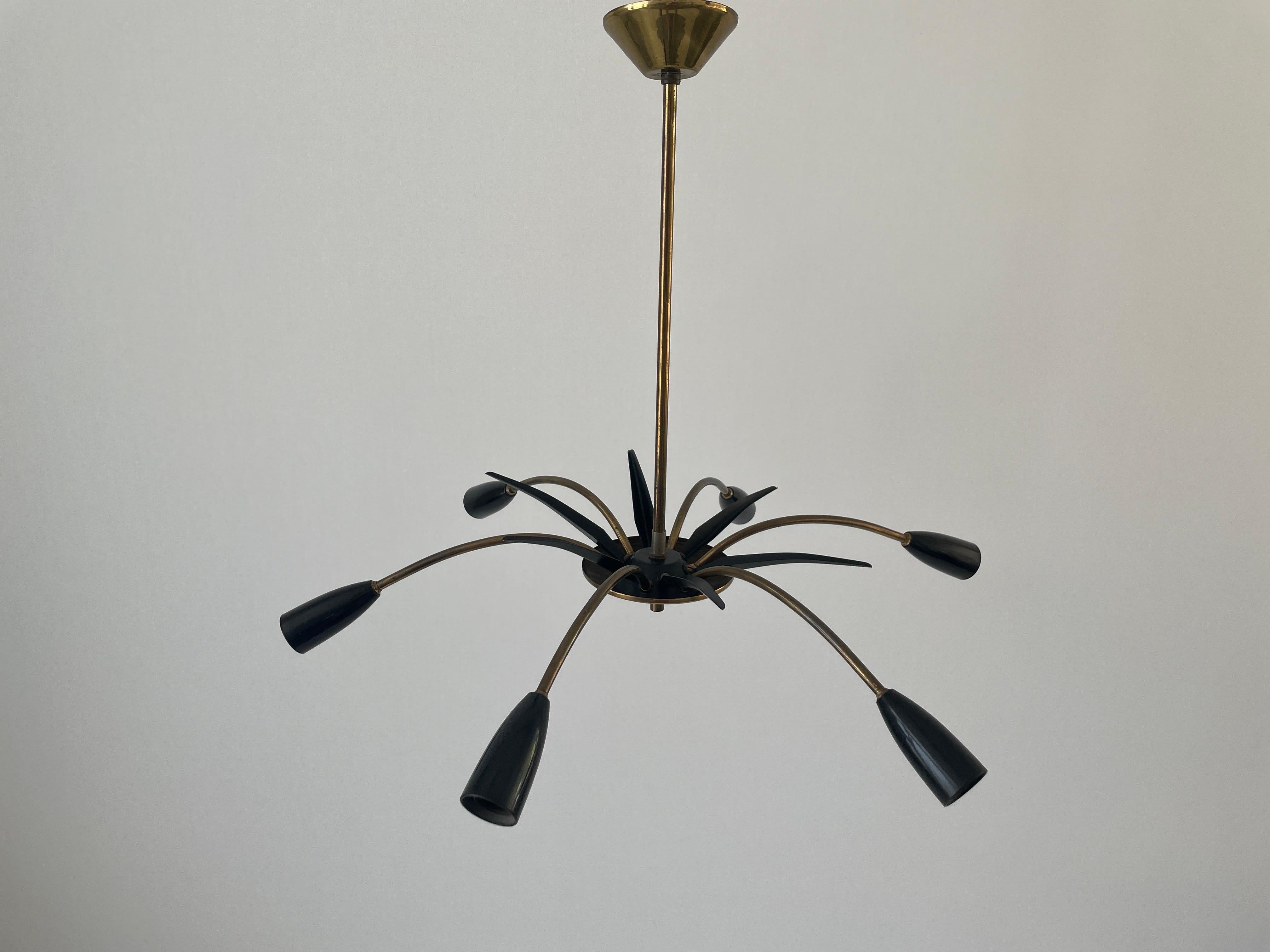 Black Metal & 6-armed Brass Body Ceiling Lamp, 1950s, Germany In Excellent Condition For Sale In Hagenbach, DE