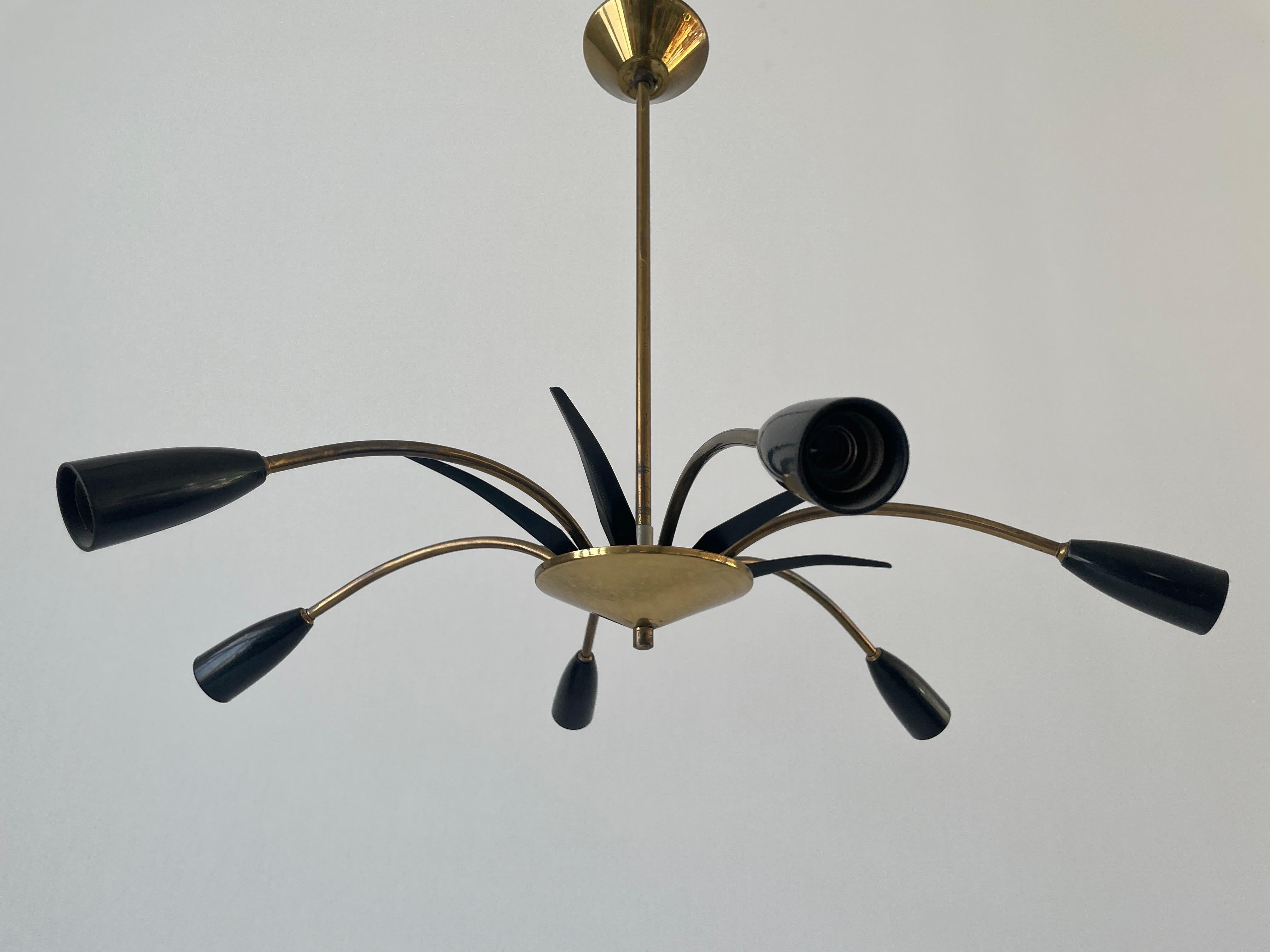 Black Metal & 6-armed Brass Body Ceiling Lamp, 1950s, Germany For Sale 1