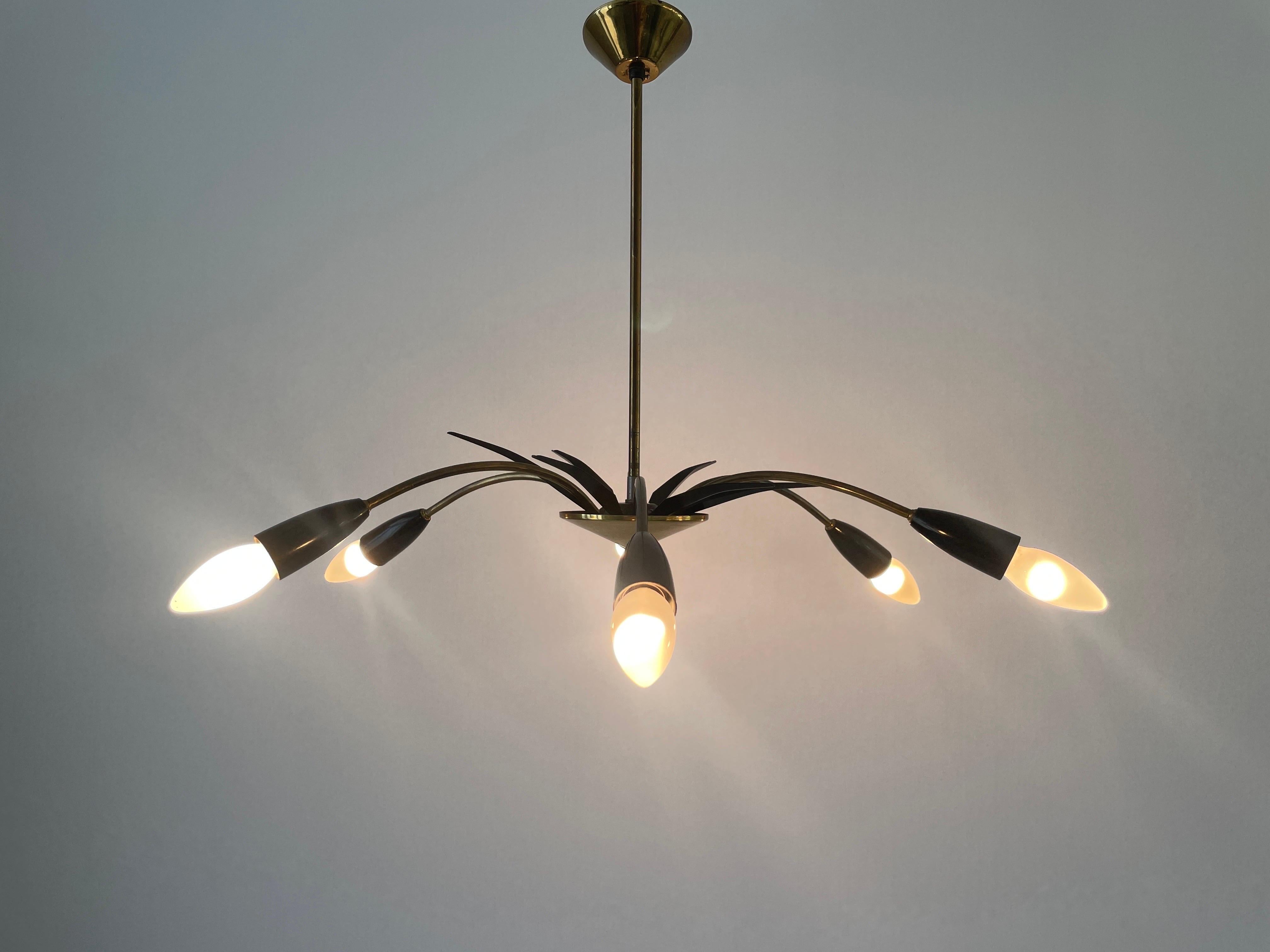 Black Metal & 6-armed Brass Body Ceiling Lamp, 1950s, Germany For Sale 3