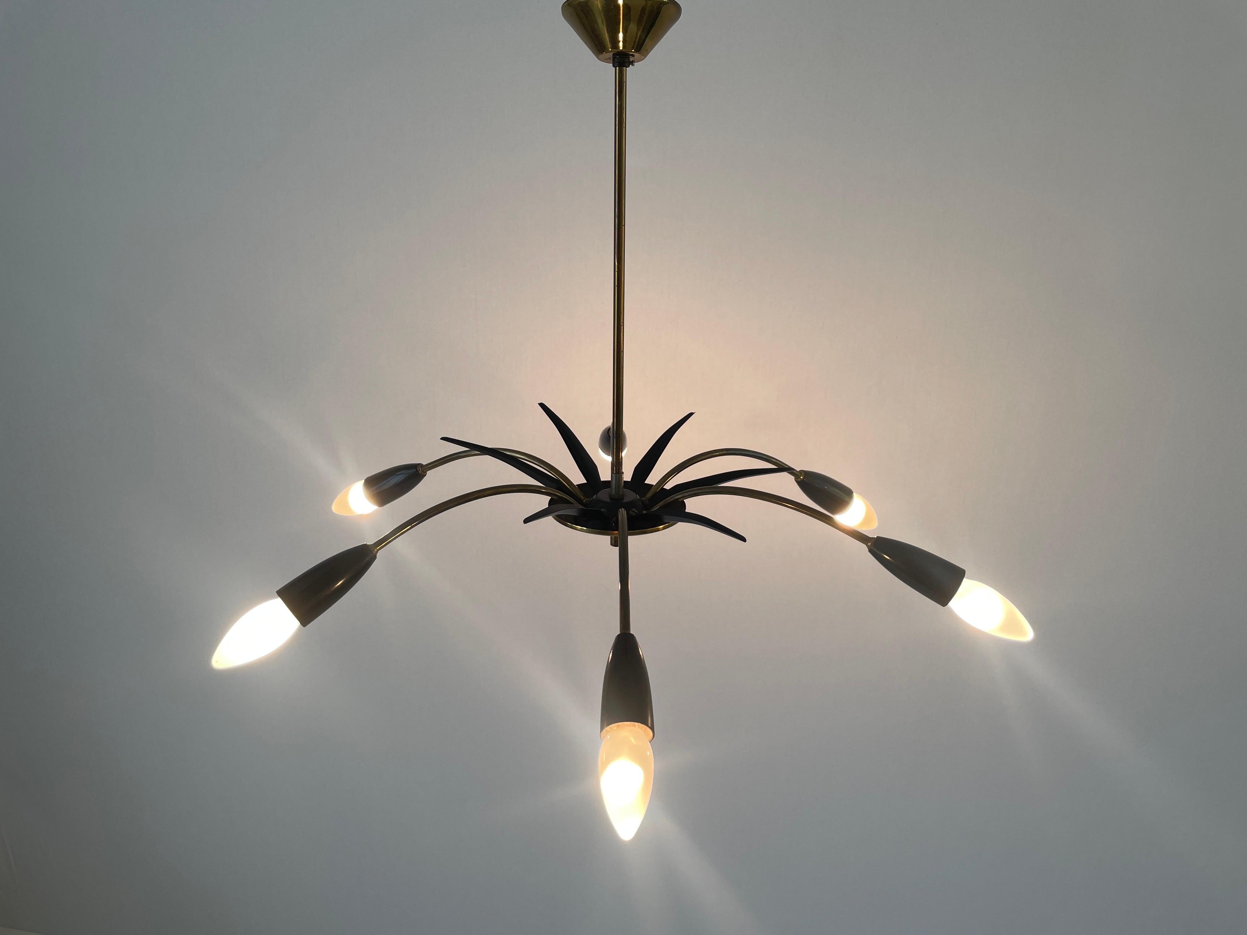 Black Metal & 6-armed Brass Body Ceiling Lamp, 1950s, Germany For Sale 4