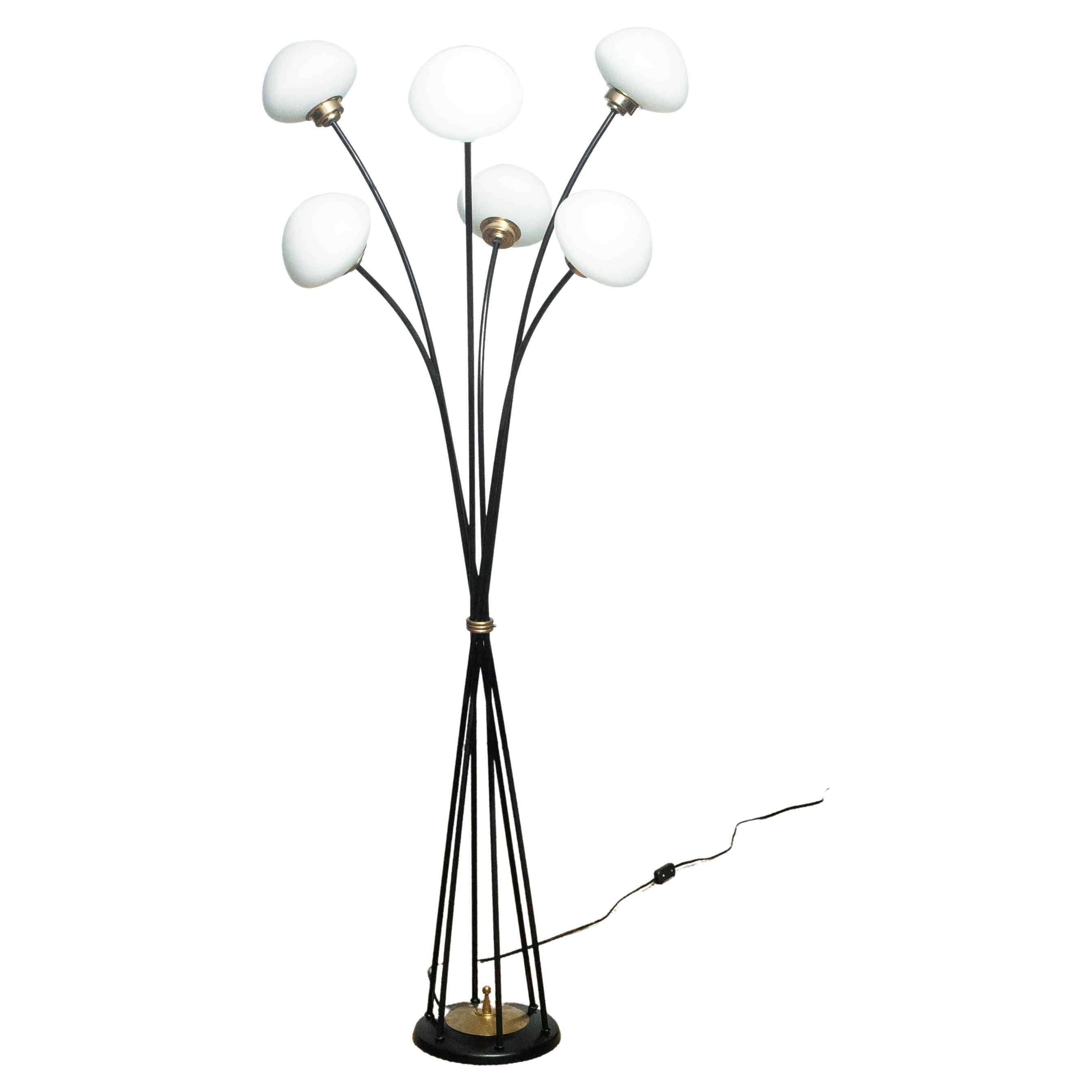Black Metal And Brass Art Deco Floor Lamp With Opaline Glass By Royal ...