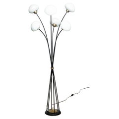 Black Metal And Brass Art Deco Floor Lamp With Opaline Glass By Royal Lumiére