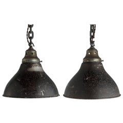 Black Metal and Glass Holophane Pendant, England, circa 1930