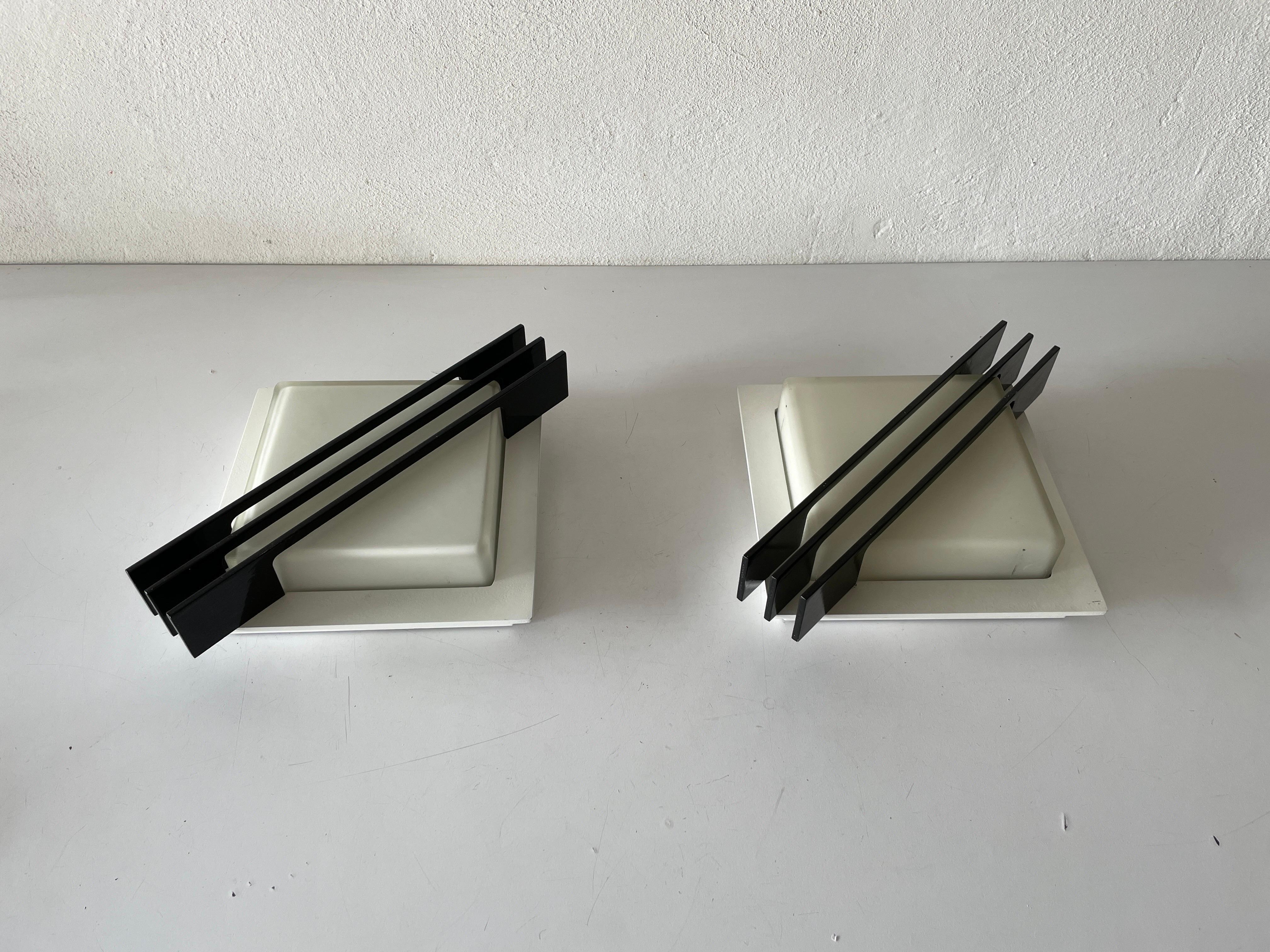 Mid-Century Modern Black Metal and Glass Pair of Flush Mounts or Sconces by BEGA, 1960s, Germany For Sale