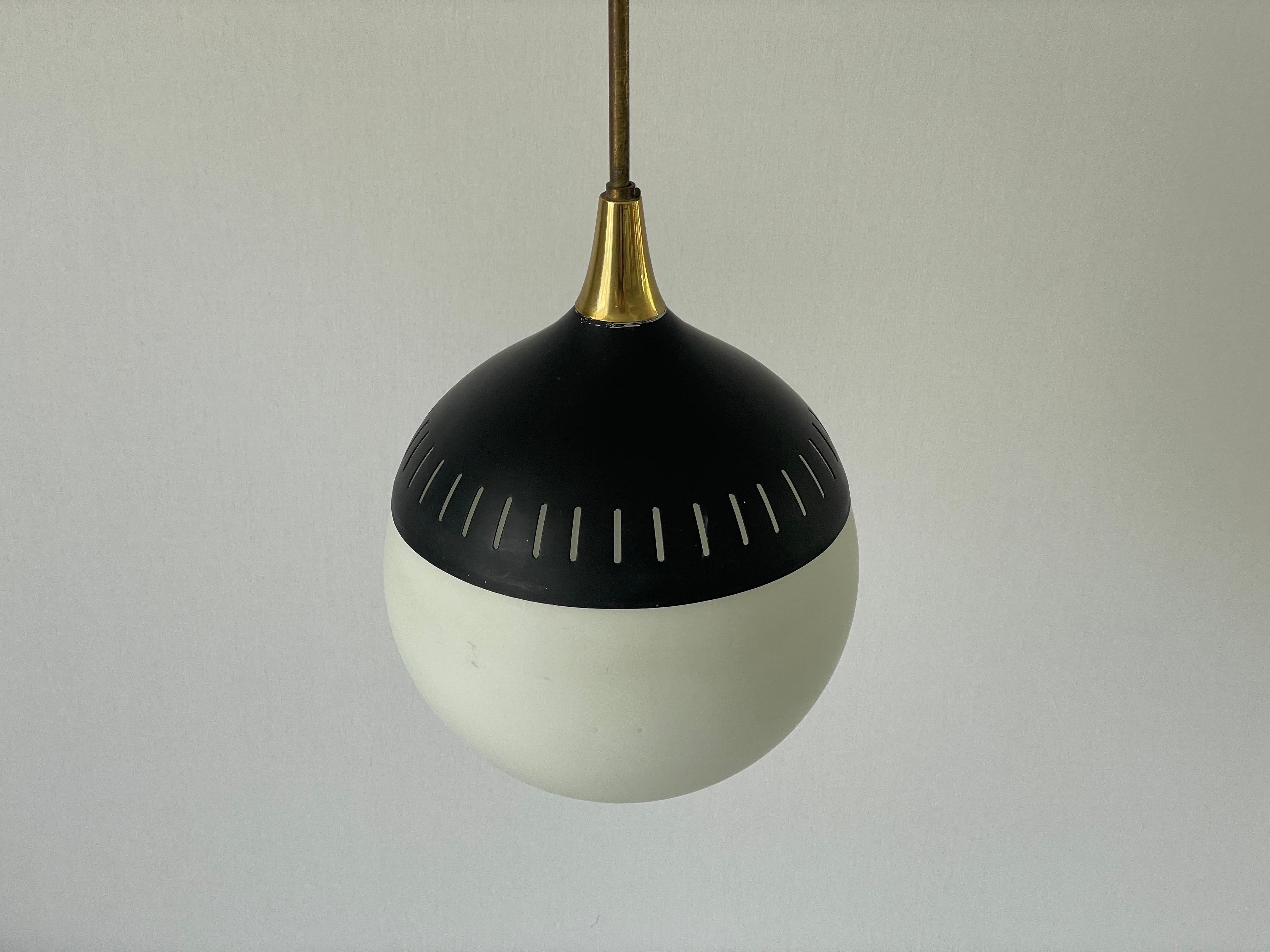Black Metal and Glass Pendant Lamp, In the style of Stilnovo, 1960s, Italy
Brass detailing and hardware.

Lampshade is in very good vintage condition.

This lamp works with E27 light bulbs. 
Wired and suitable to use with 220V and 110V for all