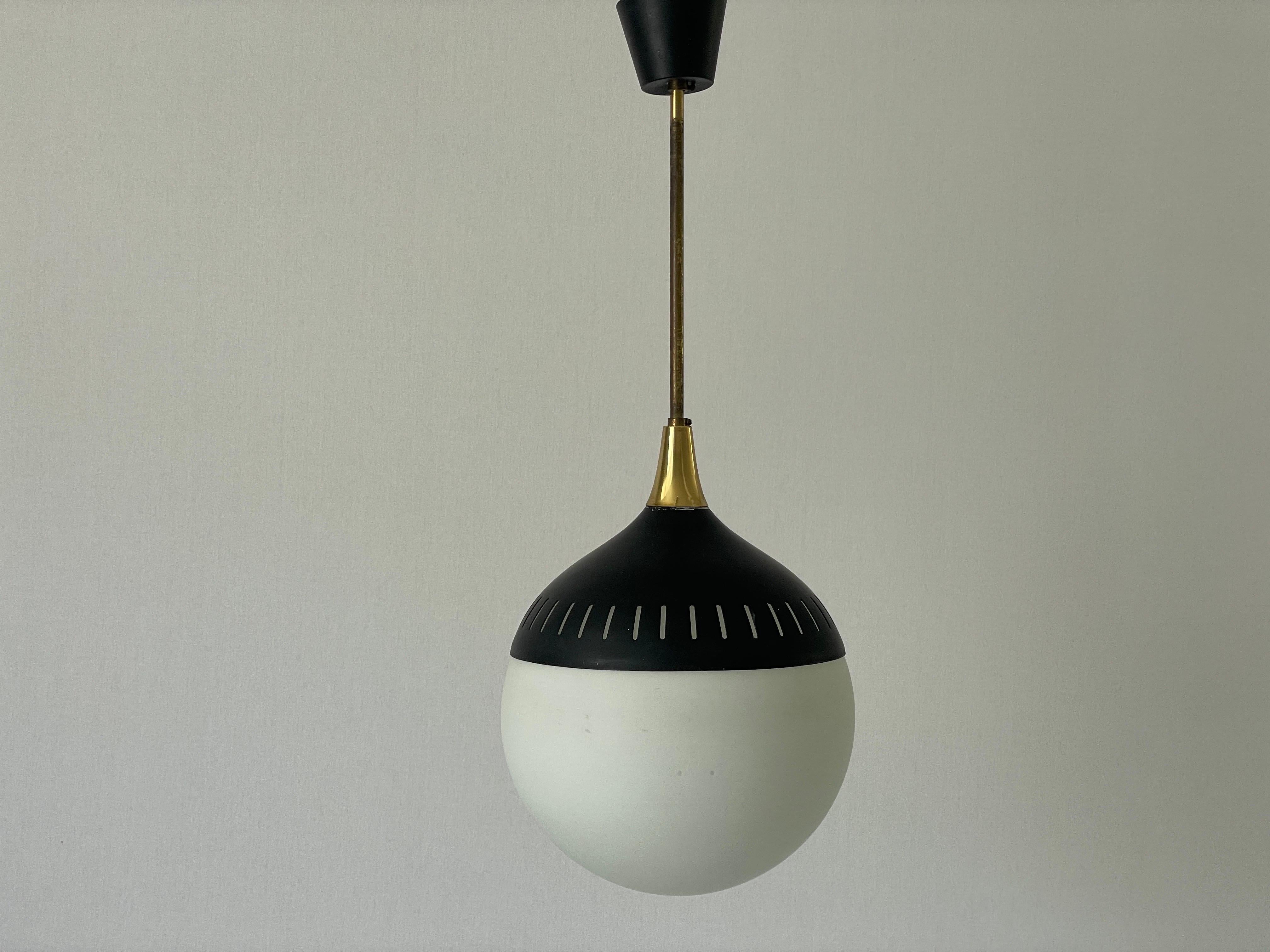 Mid-Century Modern Black Metal and Glass Pendant Lamp, In style of Stilnovo, 1950s, Italy For Sale