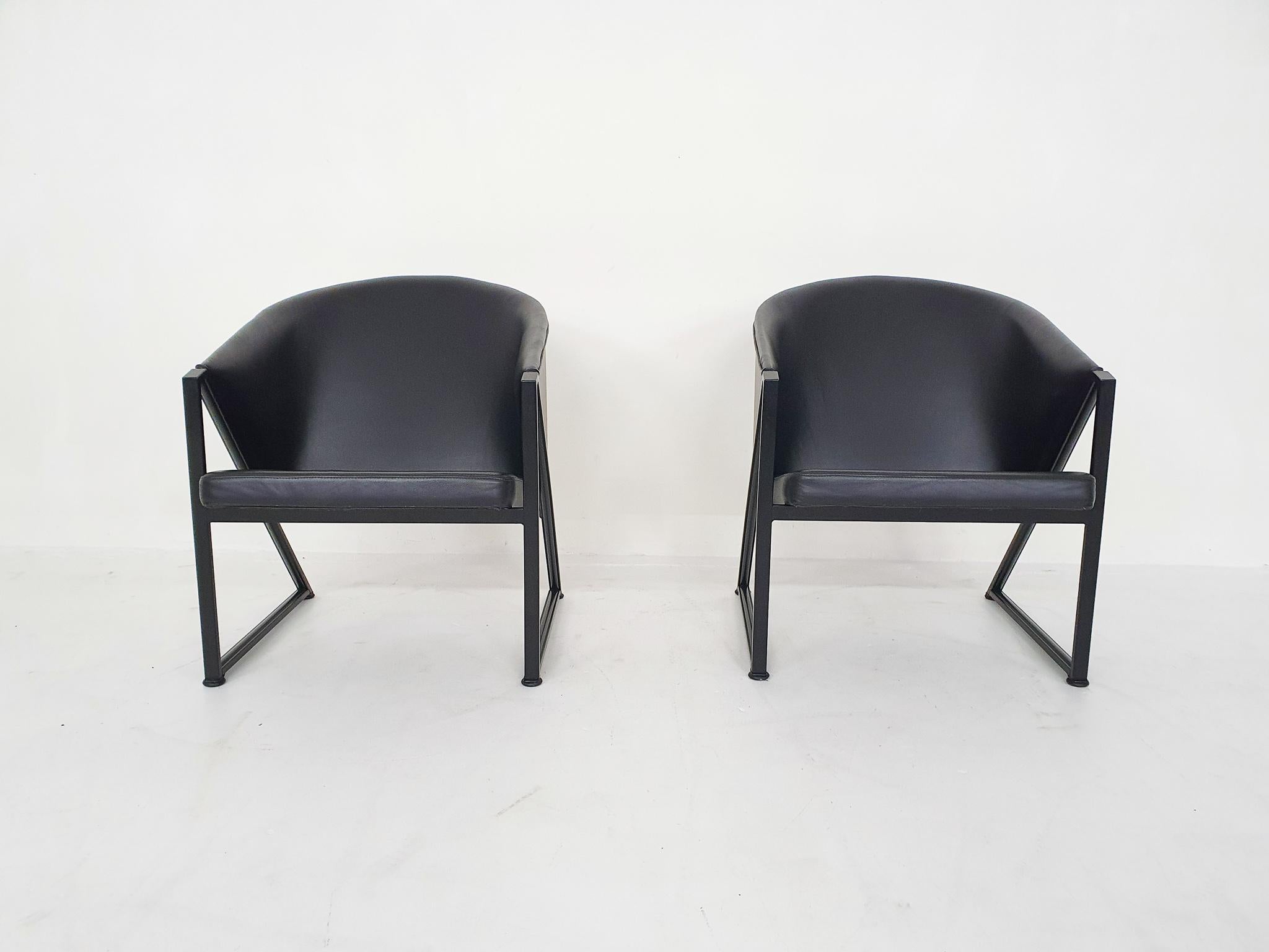 Black metal frame and black leather upholstery. In good original condition.