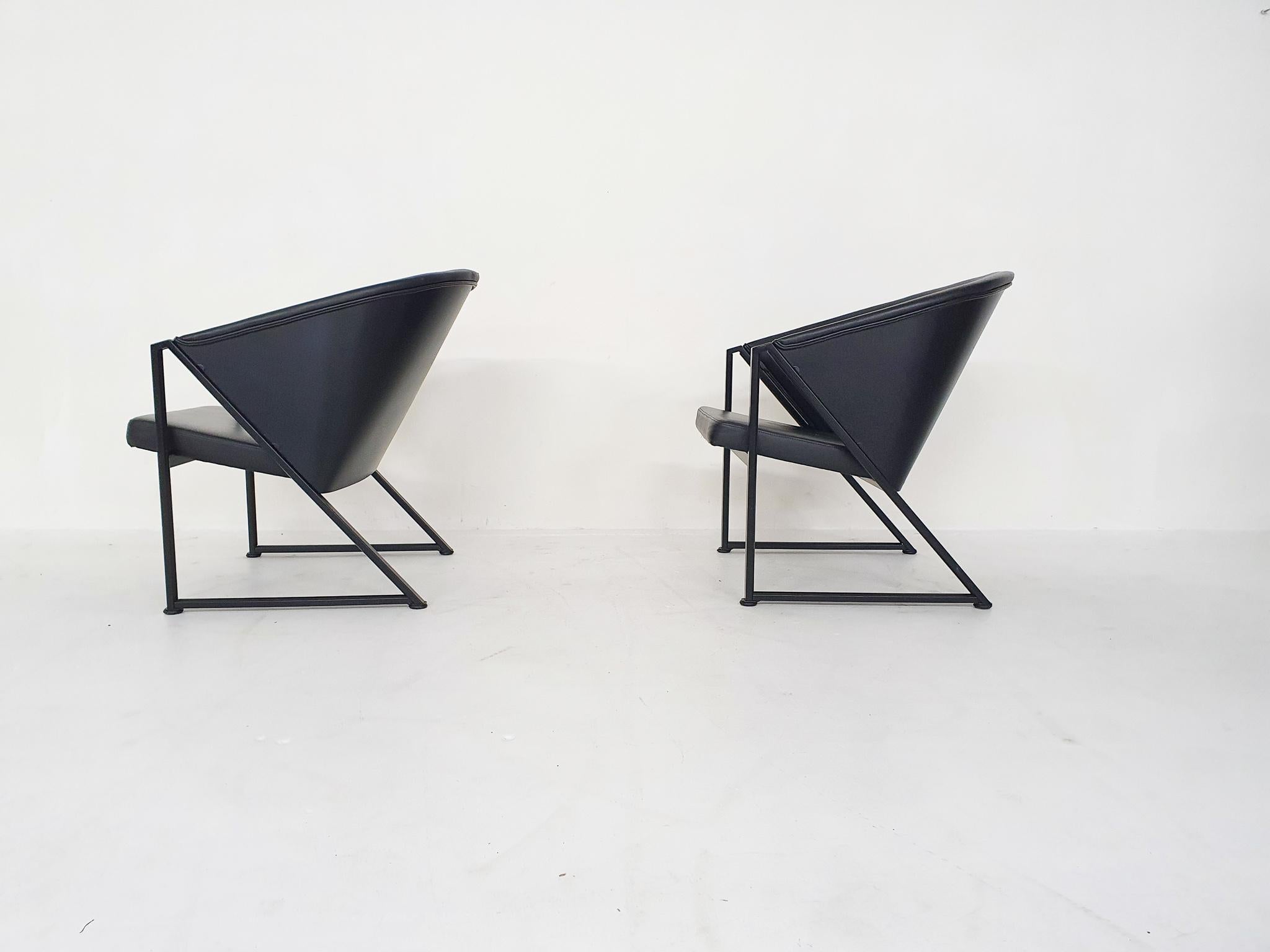 Mid-Century Modern Black Metal and Leather Lounge Chairs by Jouko Jarvisalo for Inno, Finland 1980'