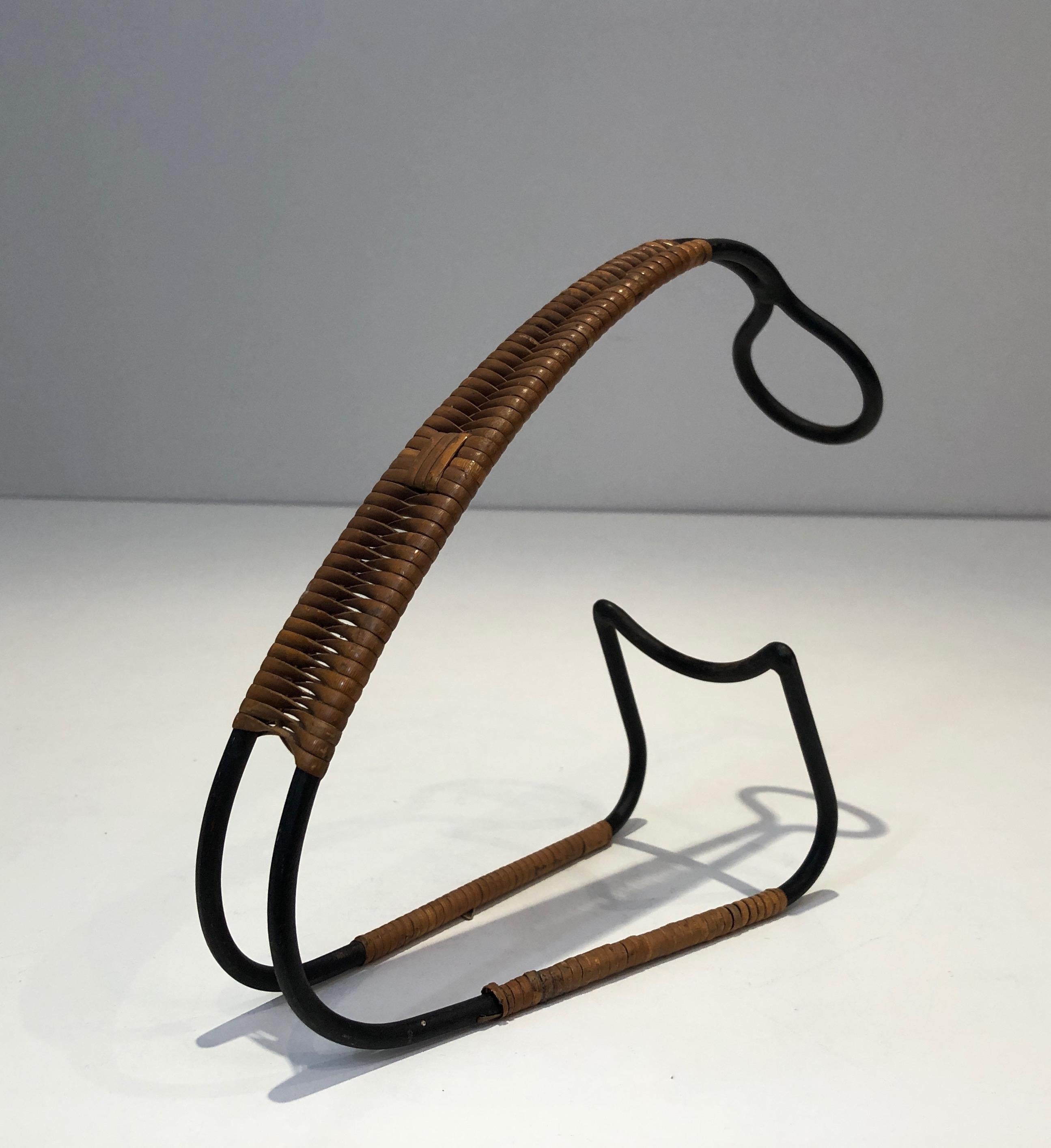Lacquered Black Metal and Rattan Bottle Holder, Scandinavia, circa 1950 For Sale