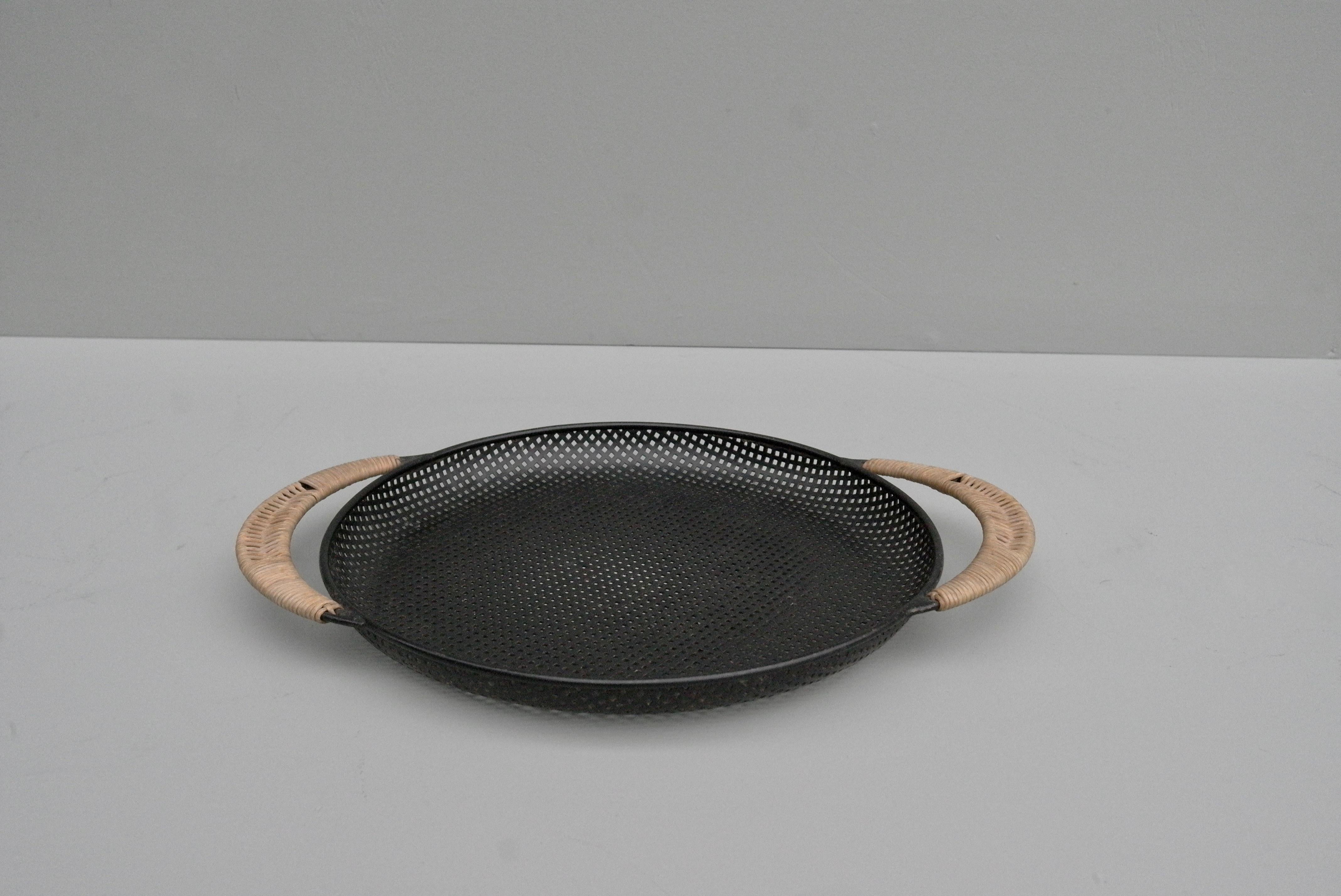 French Black Metal and Rattan Tray Designed by Mathieu Matégot, France, 1950s