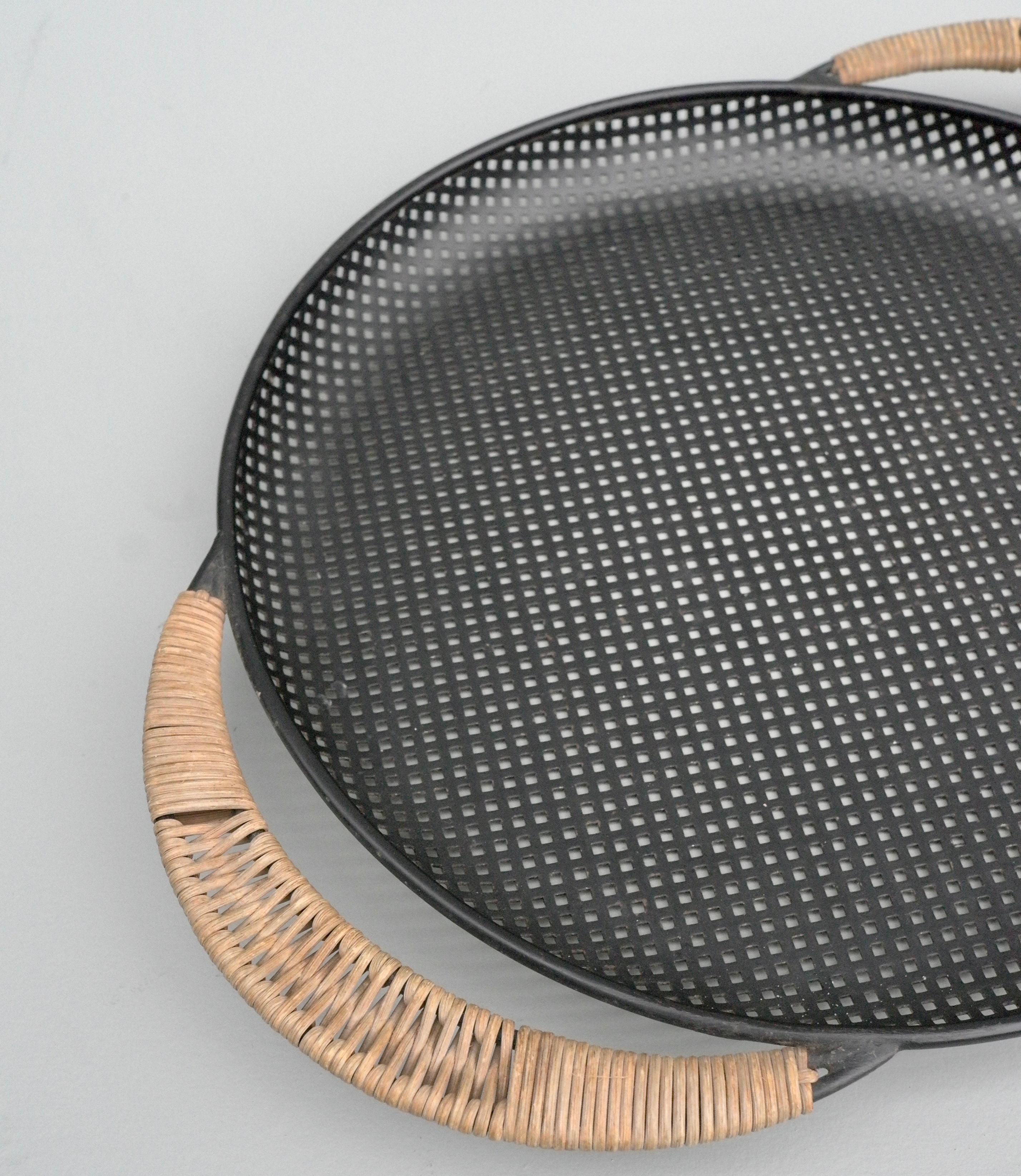 Black Metal and Rattan Tray Designed by Mathieu Matégot, France, 1950s In Good Condition In Den Haag, NL