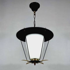 Black Metal and White Opaline Lantern with Brass Details, France 1950s