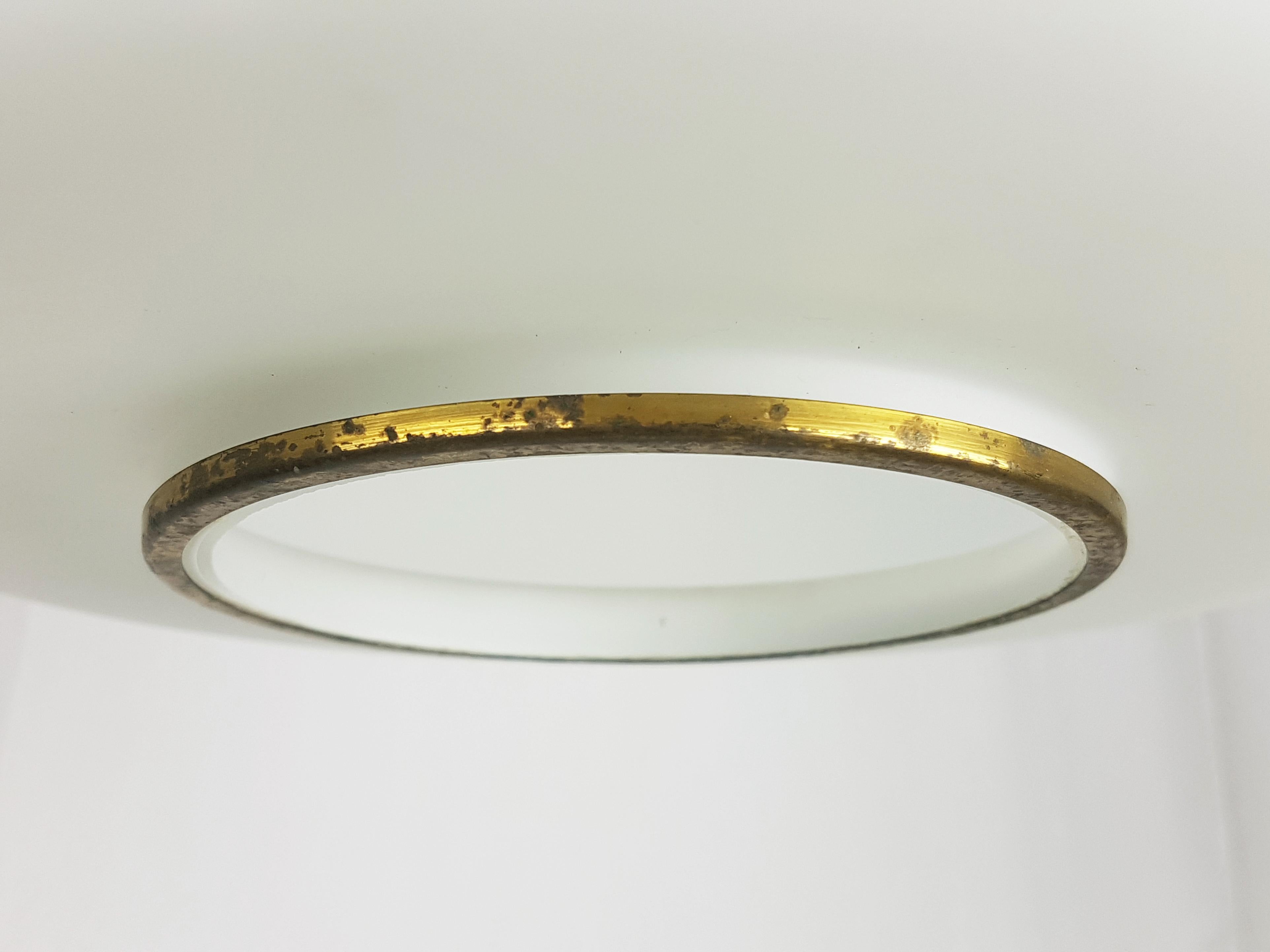 Black Metal, Brass & Opaline Glass Mid-Century Modern Pendant Lamp  In Good Condition For Sale In Varese, Lombardia