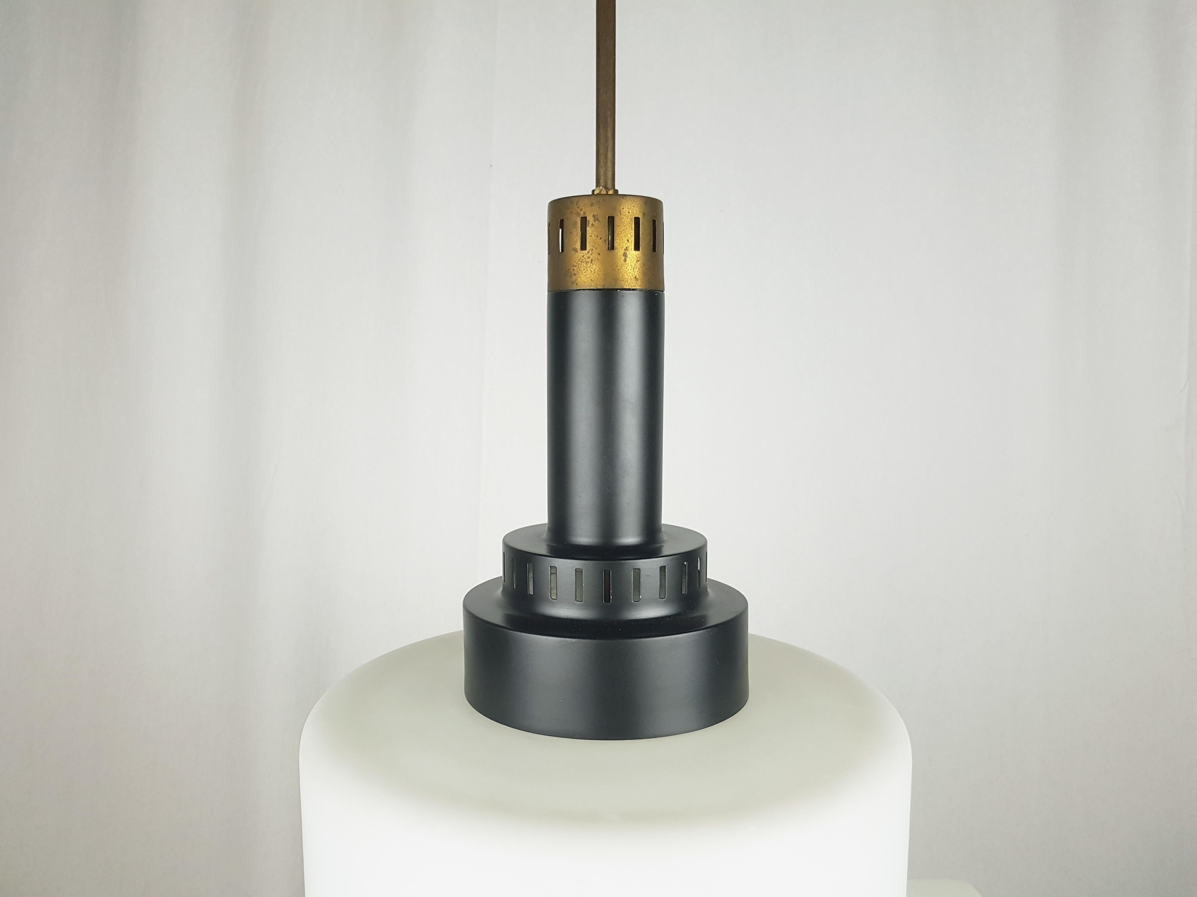 20th Century Black Metal, Brass & Opaline Glass Mid-Century Modern Pendant Lamp  For Sale