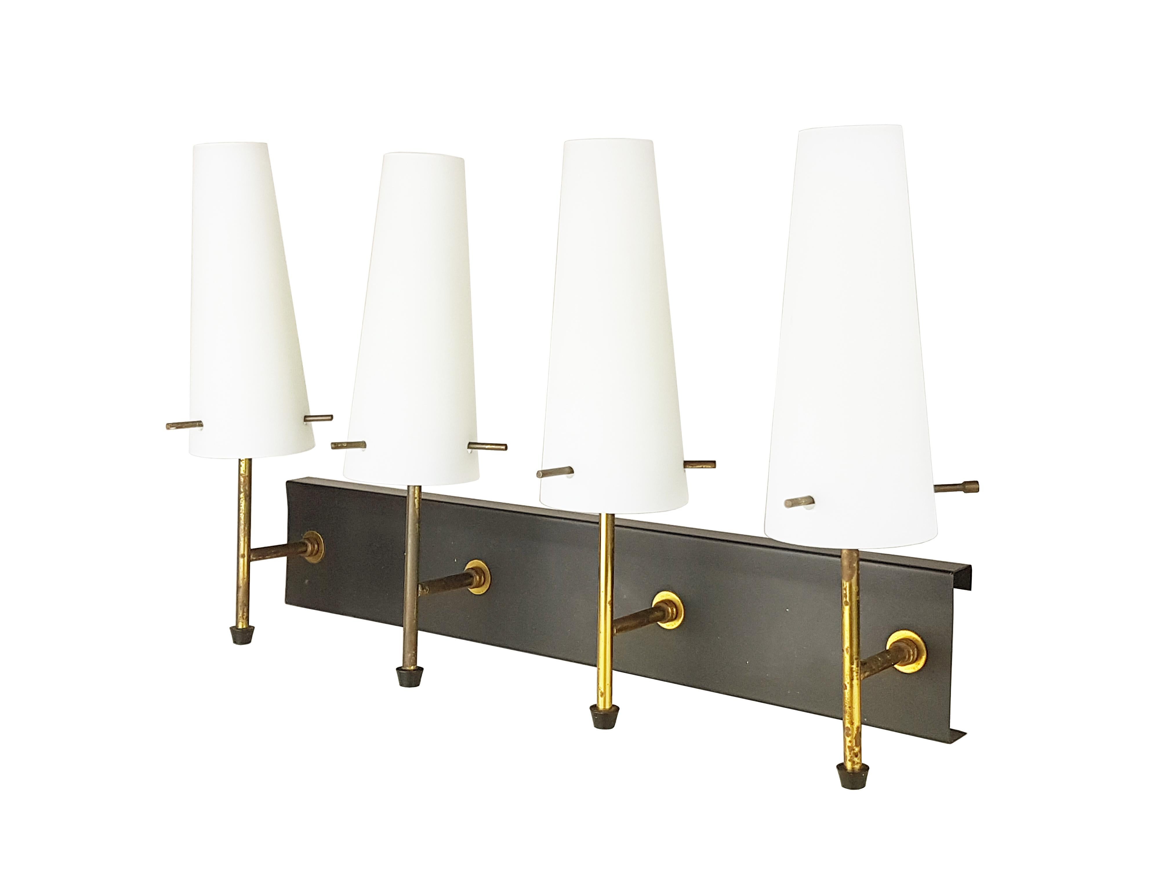 Mid-Century Modern Black Metal, Brass & Opaline Glass Shades 4-Light Wall Lamps, Set of 5 For Sale