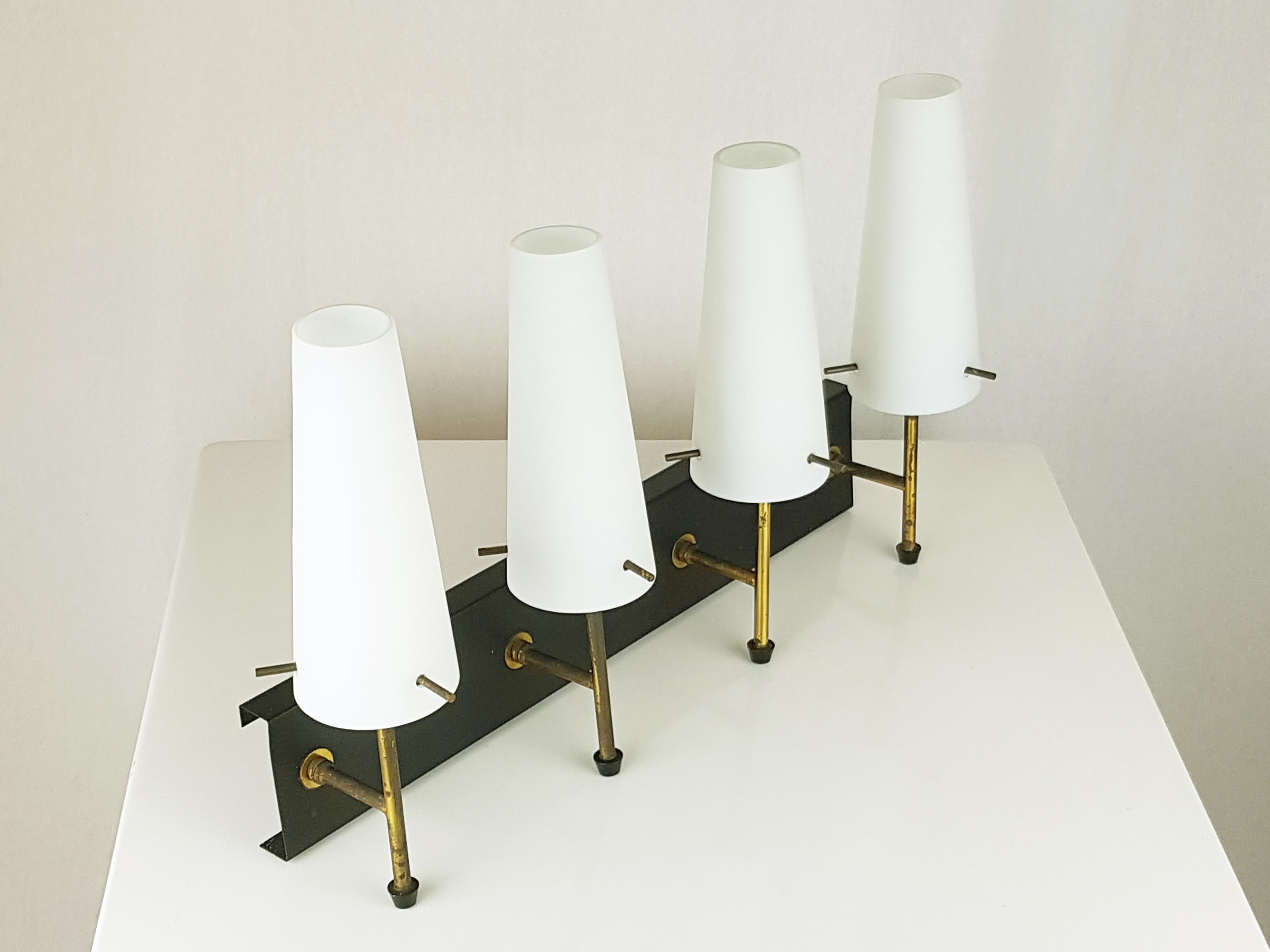 Mid-20th Century Black Metal, Brass & Opaline Glass Shades 4-Light Wall Lamps, Set of 5 For Sale