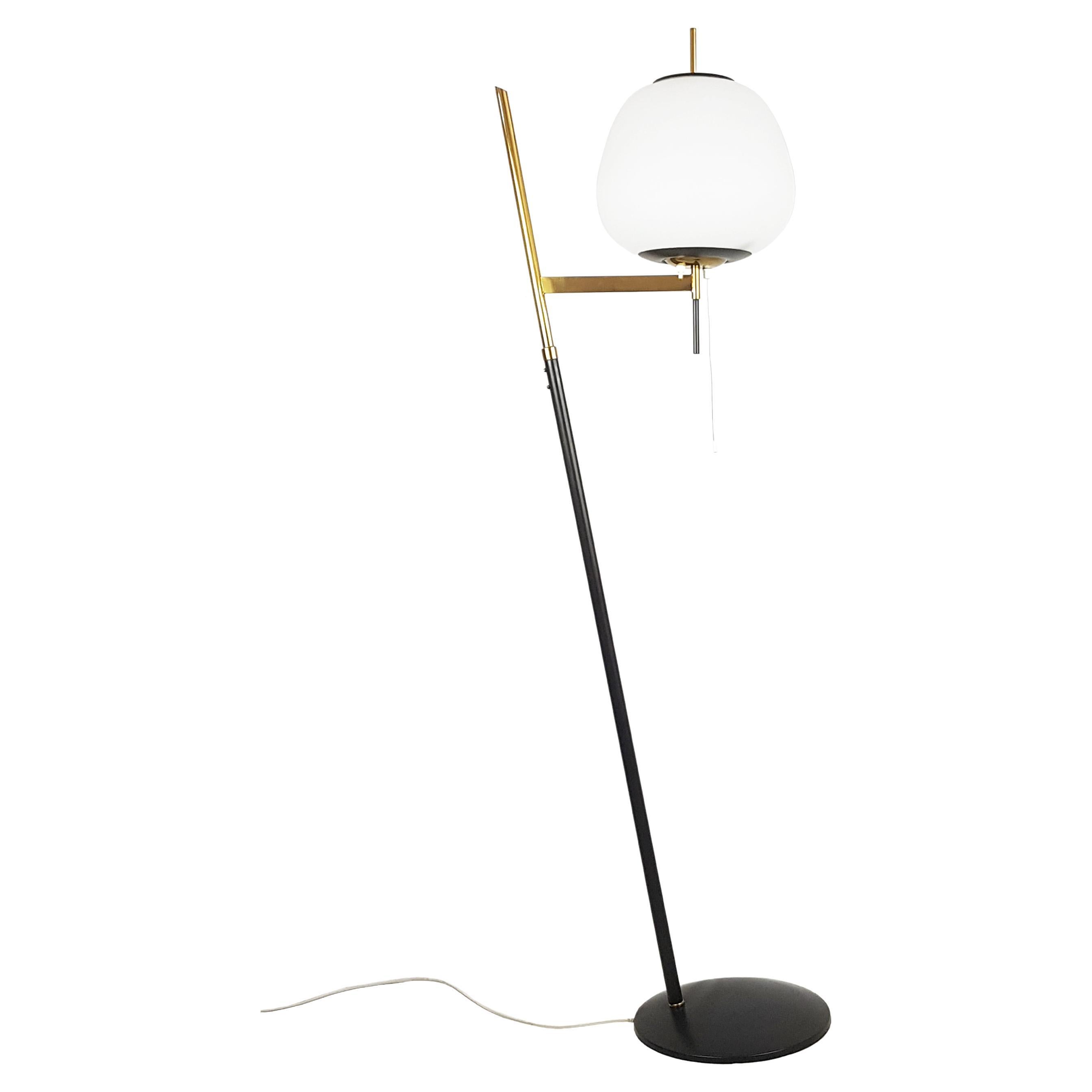 Black Metal, Brass & white glass Floor Lamp attrib. to Stilnovo, 1950s For Sale