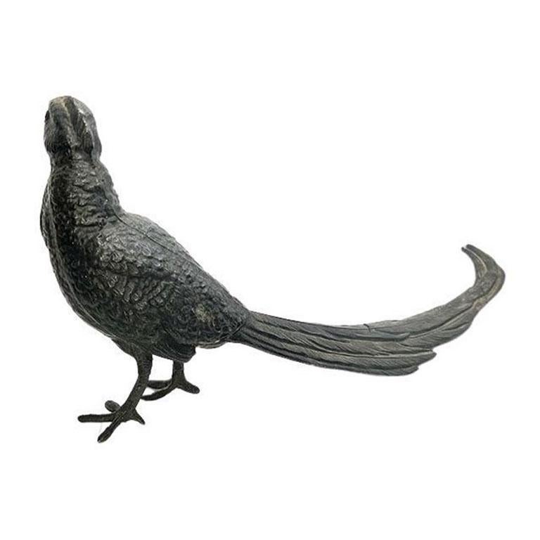 American Classical Black Metal Cast Iron Pheasant Bird Figurines, a Pair For Sale