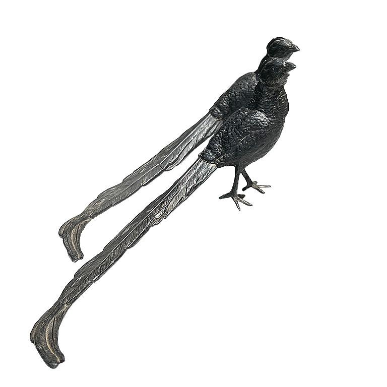 Black Metal Cast Iron Pheasant Bird Figurines, a Pair For Sale 1