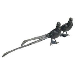 Black Metal Cast Iron Pheasant Bird Figurines, a Pair