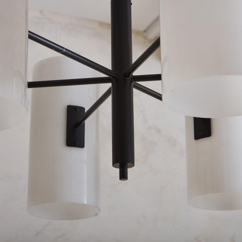 Black Metal Chandelier With Cylindrical Resin Shades, Italy 20th Century 1