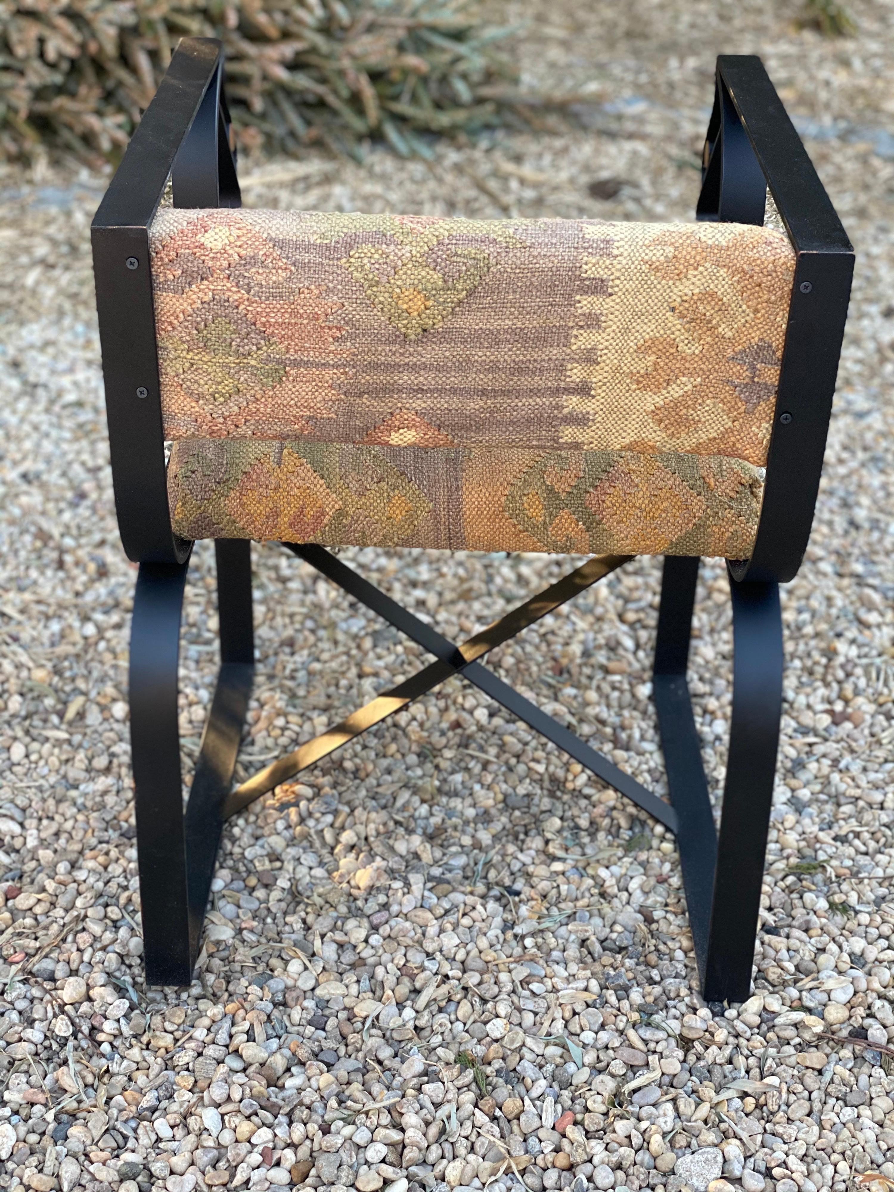 Painted Black Metal Custom Armchair in Kilim Upholstery For Sale