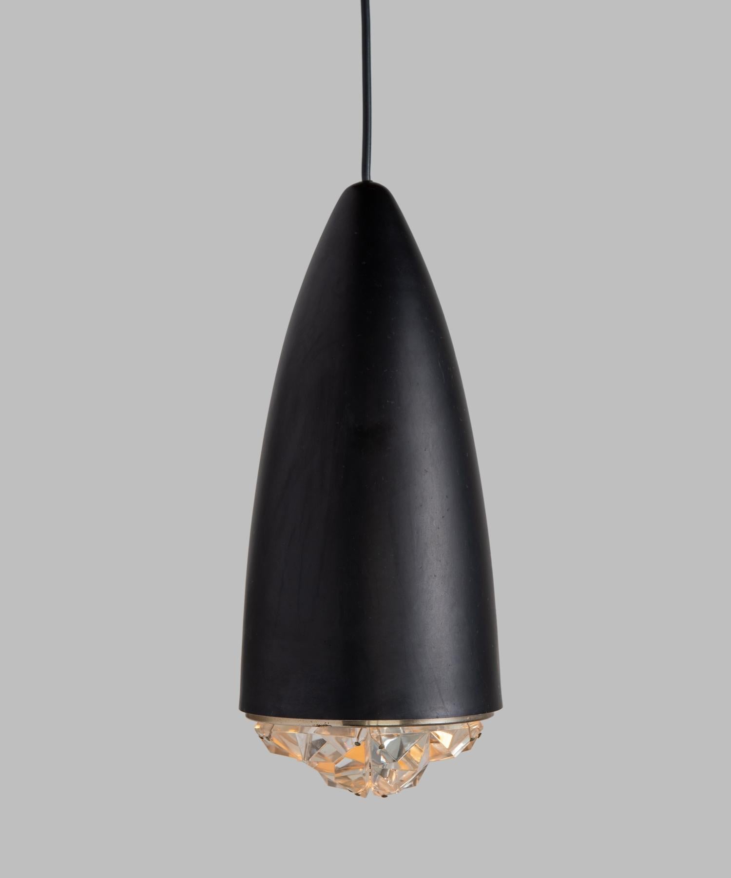 Black metal and cut glass pendant, Italy, circa 1960

Original black paint, cut glass shade in the style of Max Ingrand.