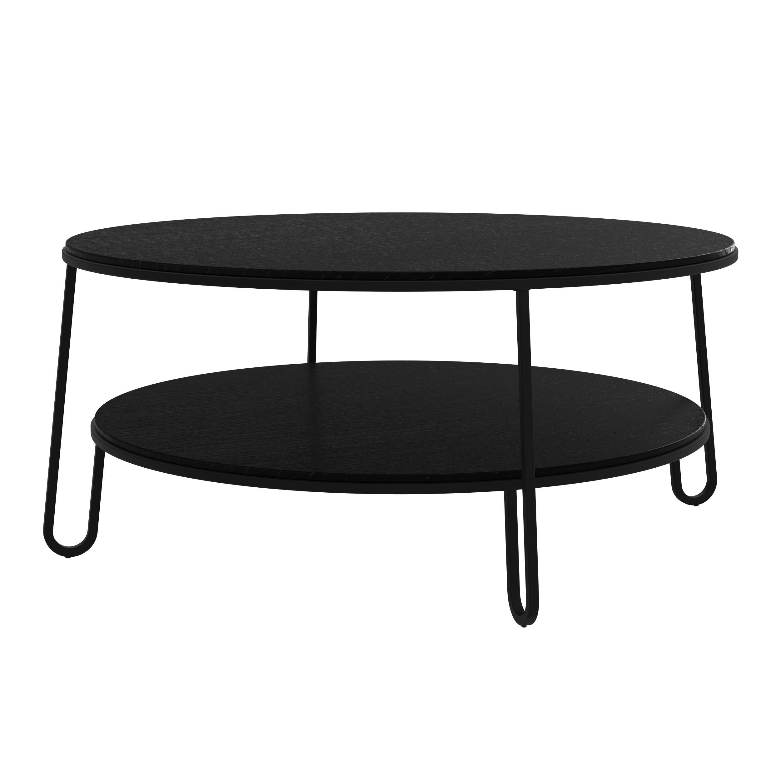Table basse Eugénie en métal noir 90 Oak par HARTO
Dimensions : L 90 x P 90 x H 41 cm : L 90 x P 90 x H 41 cm. 
MATERIAL : Contreplaqué plaqué bois, métal peint.
Poids : 20 kg

La table basse ronde 70cm Elegénie est aérienne, sa structure métallique