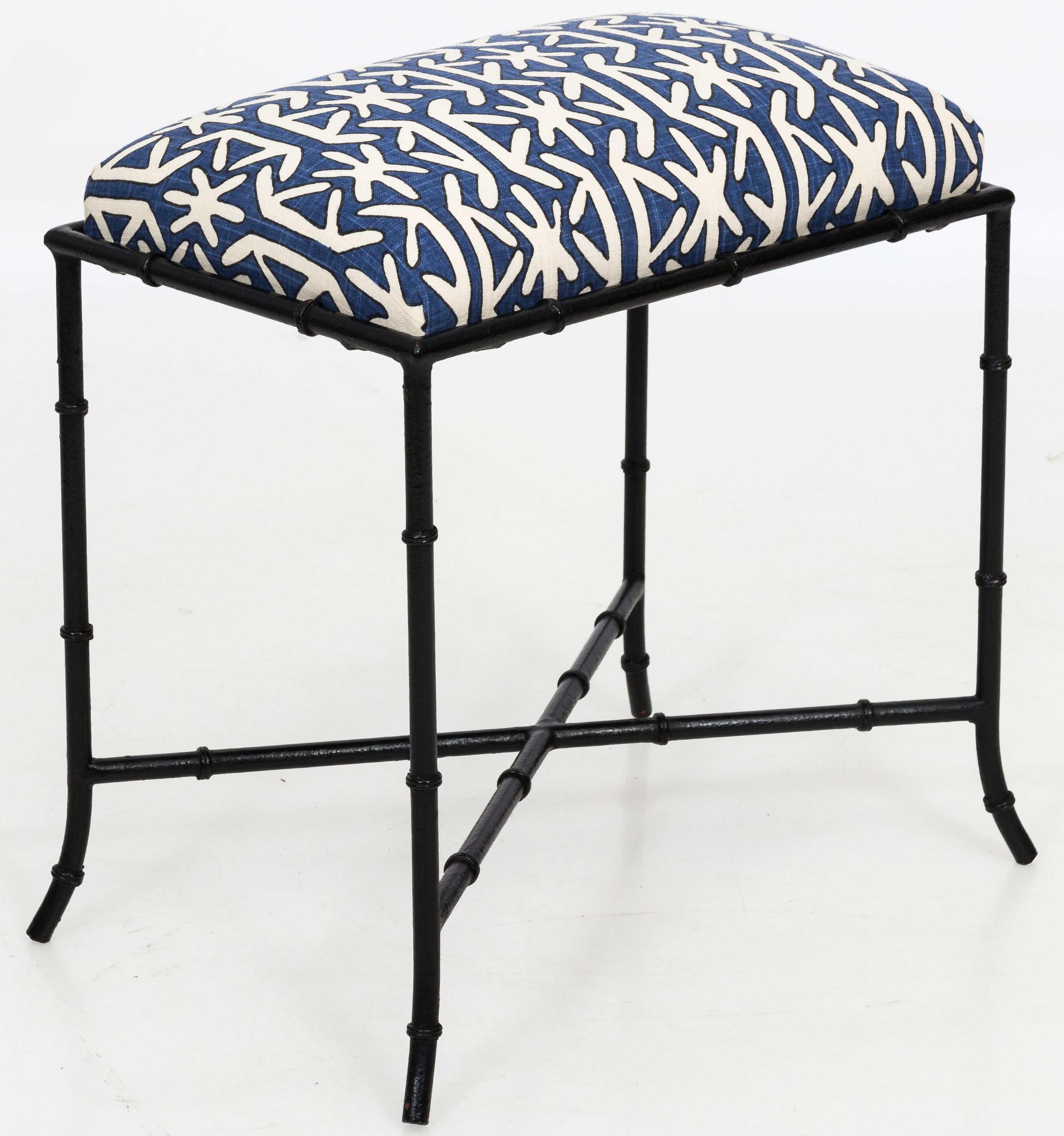 Midcentury black gloss metal faux bamboo style bench. Newly upholstered in Thibaut 'Rinca' dark blue-and-white linen fabric.