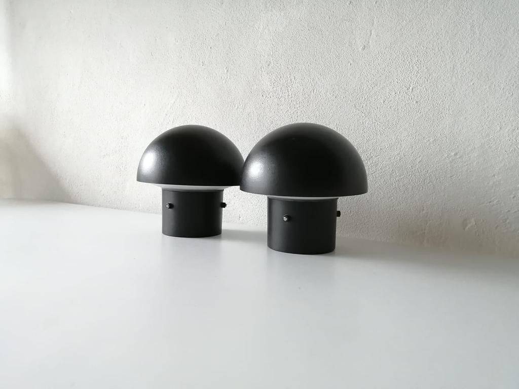 Mid-Century Modern Black Metal & Glass Pair of Flush Mount Ceiling Lamps by BEGA, 1960s Germany For Sale