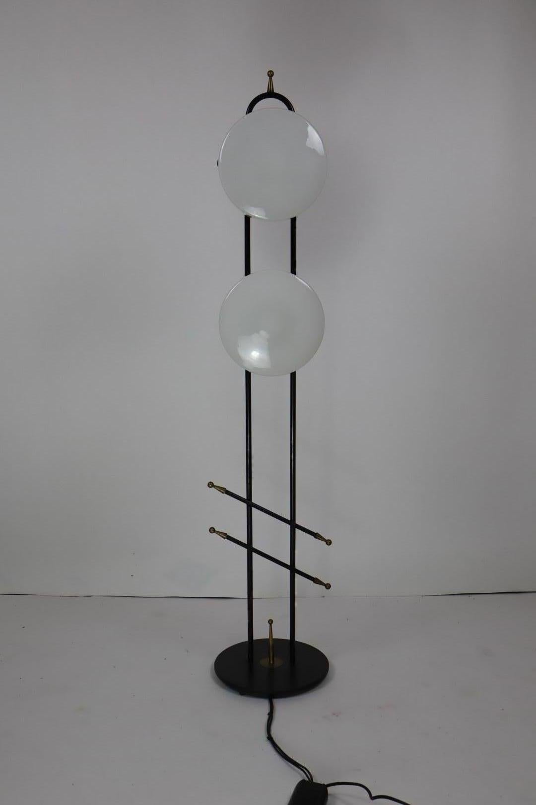 Mid-Century Modern Black metal lacquered and brass floor lamp, Maison Lunel, 1960s