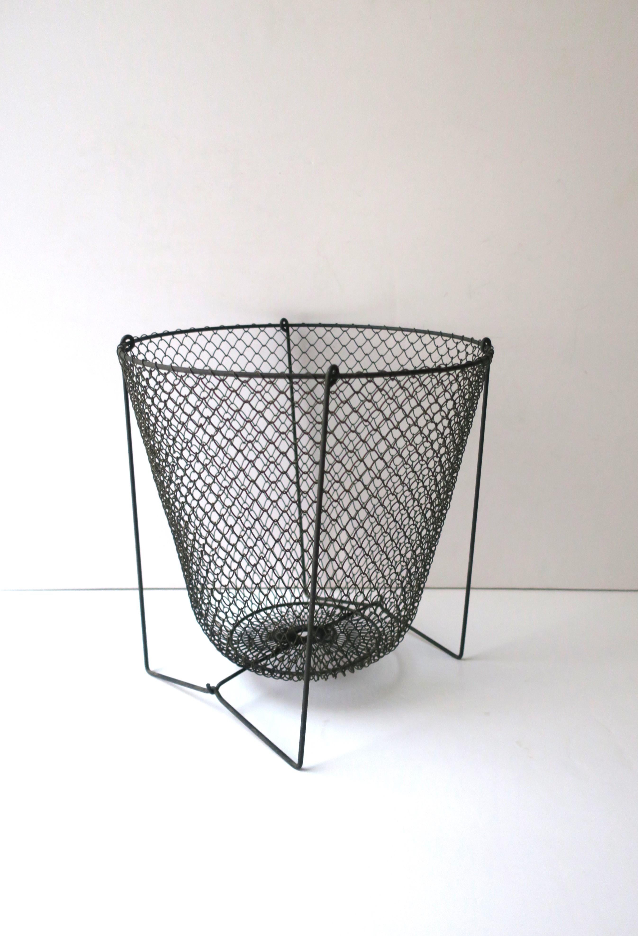 20th Century Black Metal Mesh Wire Wastebasket Trash Can For Sale
