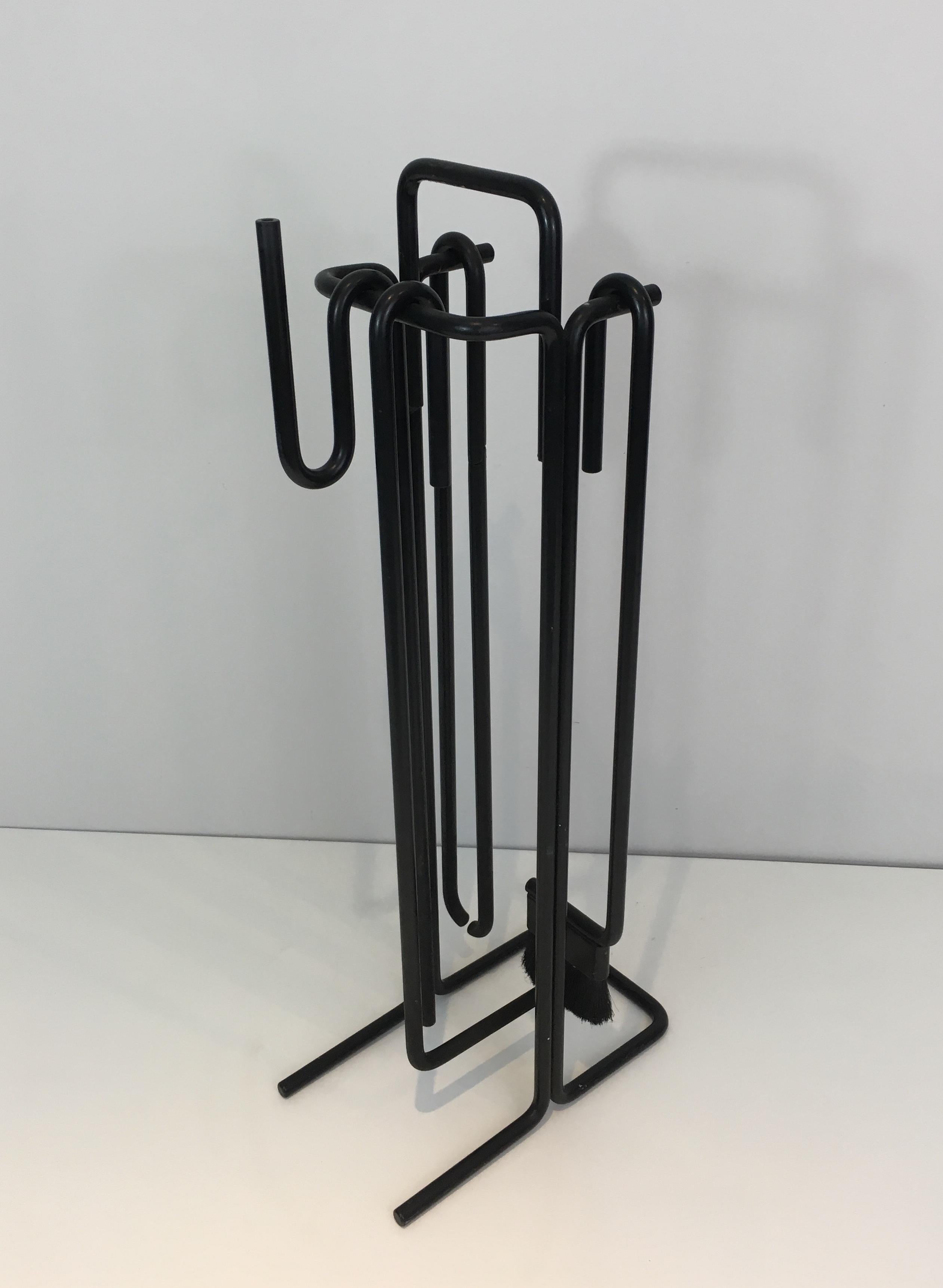 French Black Metal Modernist Fire Place Tools on Stand, circa 1970