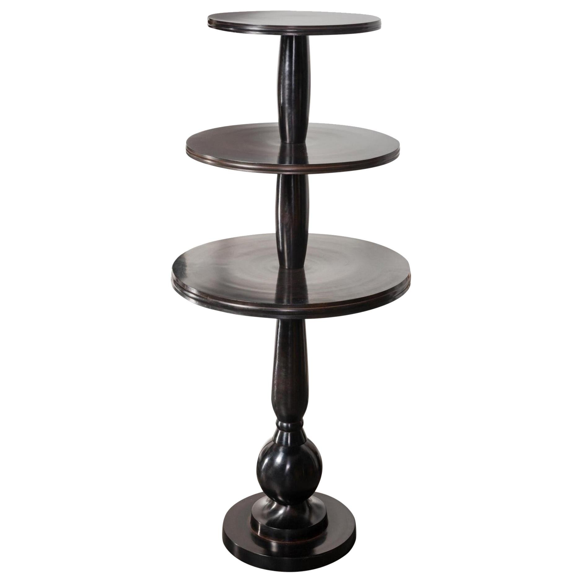 Black Metal Patina Effect Pedestal Shelves and High Table For Sale