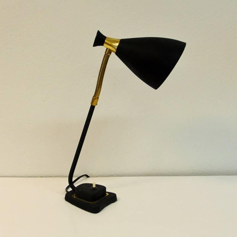 Scandinavian Modern Black Metal Table Lamp with Gooseneck 1950s, Solberg Industrier, Norway