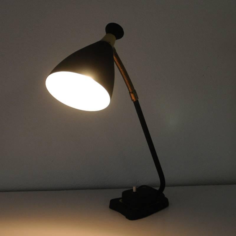 Blackened Black Metal Table Lamp with Gooseneck 1950s, Solberg Industrier, Norway