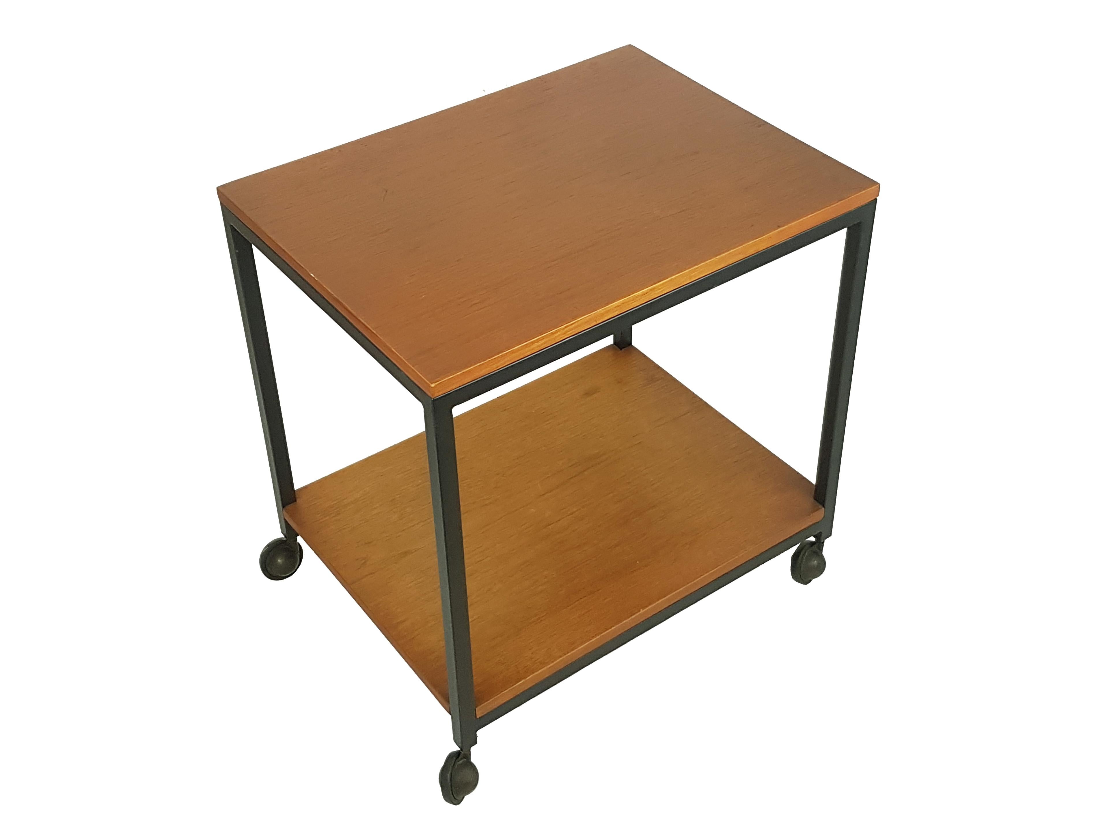 Service table on wheels with two teak shelves. Wear consistent with age and use; some paint loss.