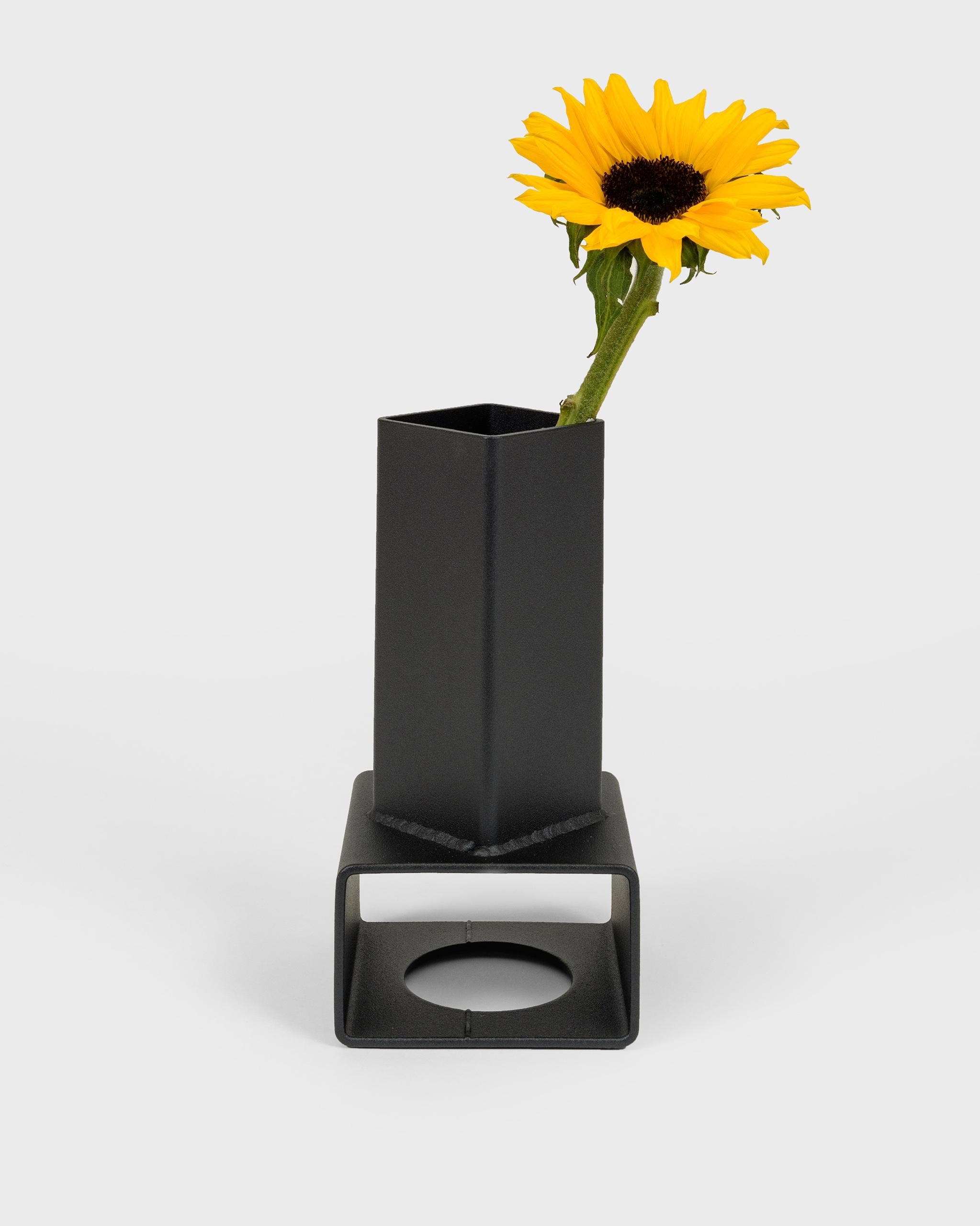 Modern Brutalist Black Metal Vase, Industrial Textured Matte Powder-Coated Steel