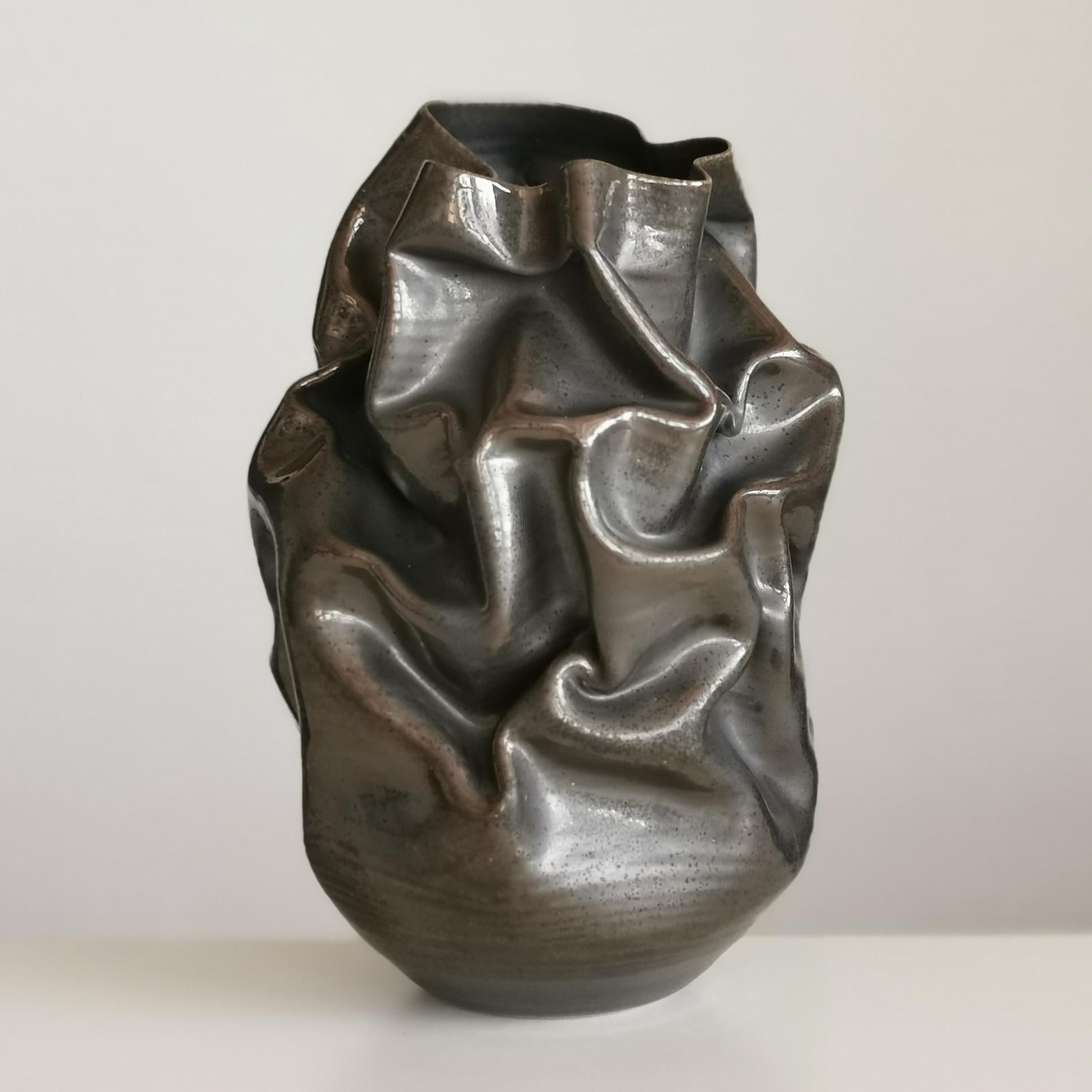 Organic Modern Black Metallic Crumpled Form No 32, Ceramic Vessel by Nicholas Arroyave-Portela