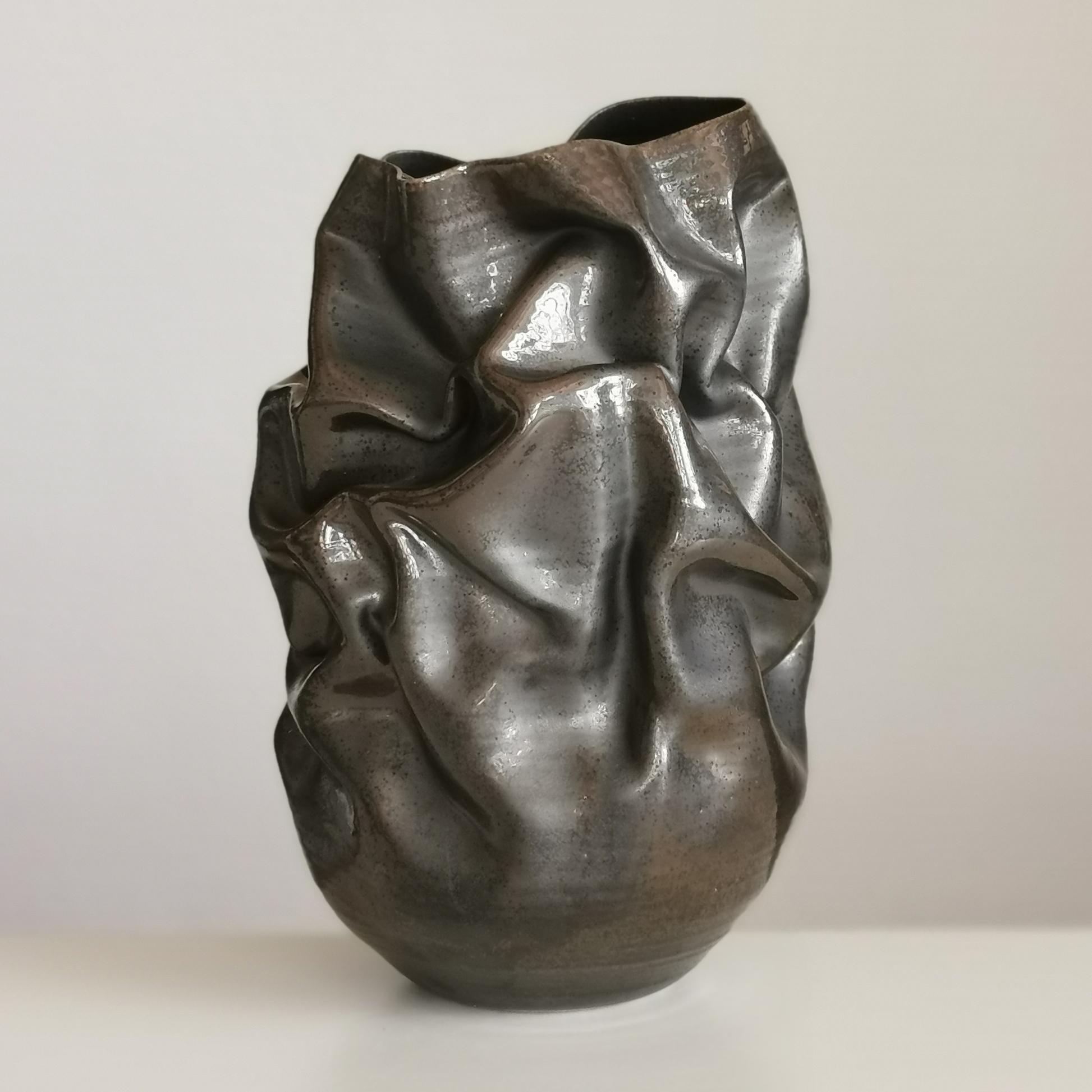 Hand-Crafted Black Metallic Crumpled Form No 32, Ceramic Vessel by Nicholas Arroyave-Portela