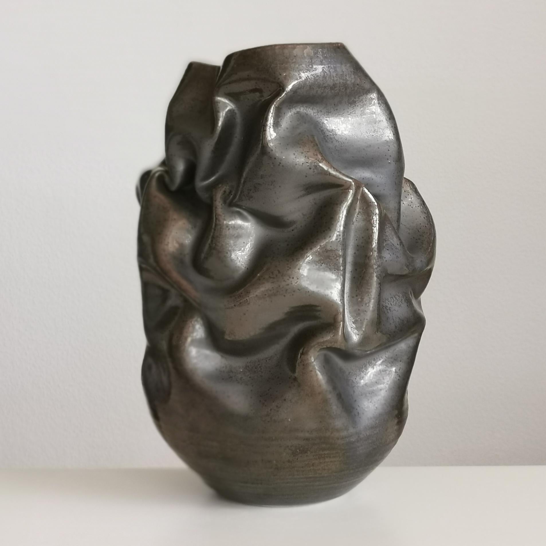 Contemporary Black Metallic Crumpled Form No 32, Ceramic Vessel by Nicholas Arroyave-Portela