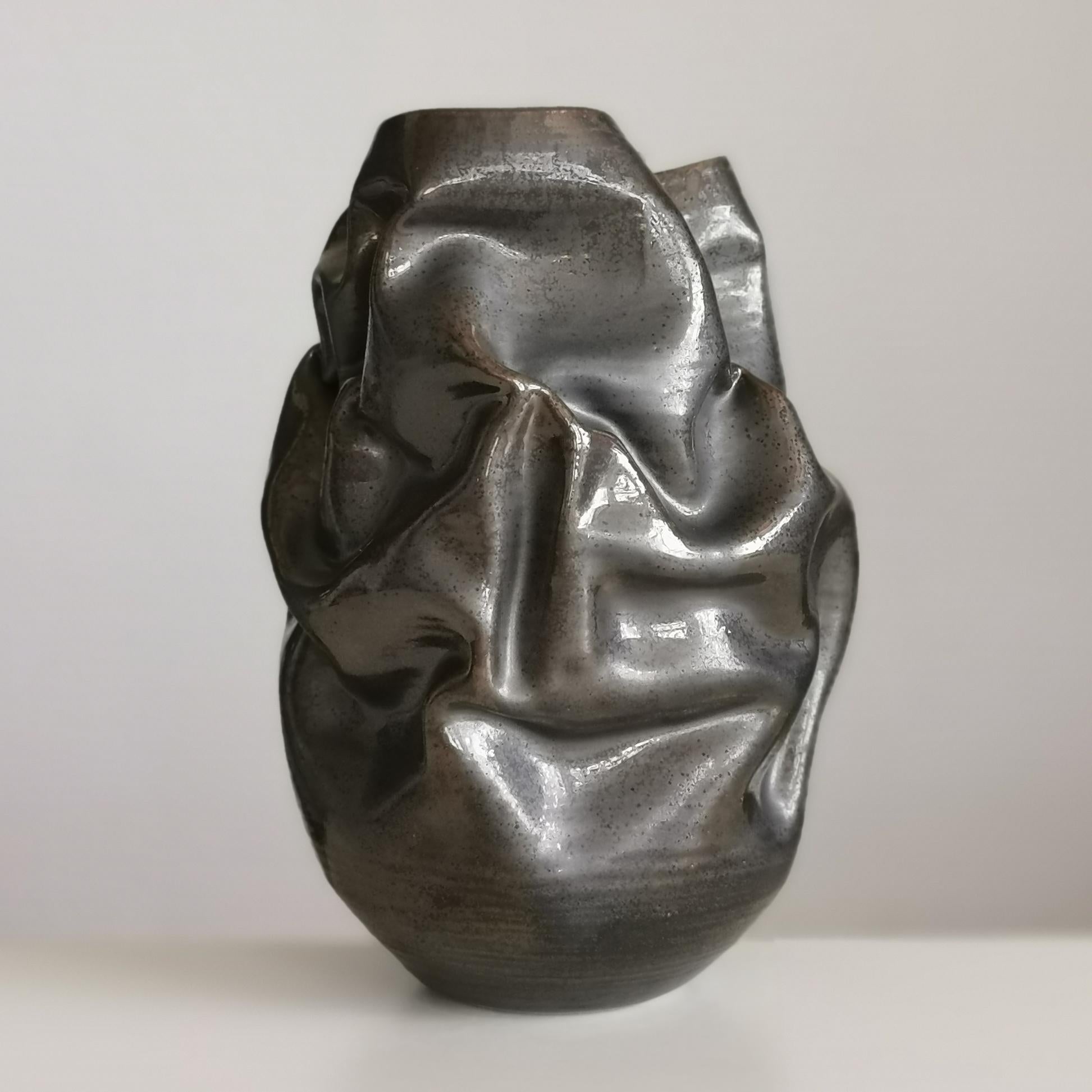 Black Metallic Crumpled Form No 32, Ceramic Vessel by Nicholas Arroyave-Portela 1