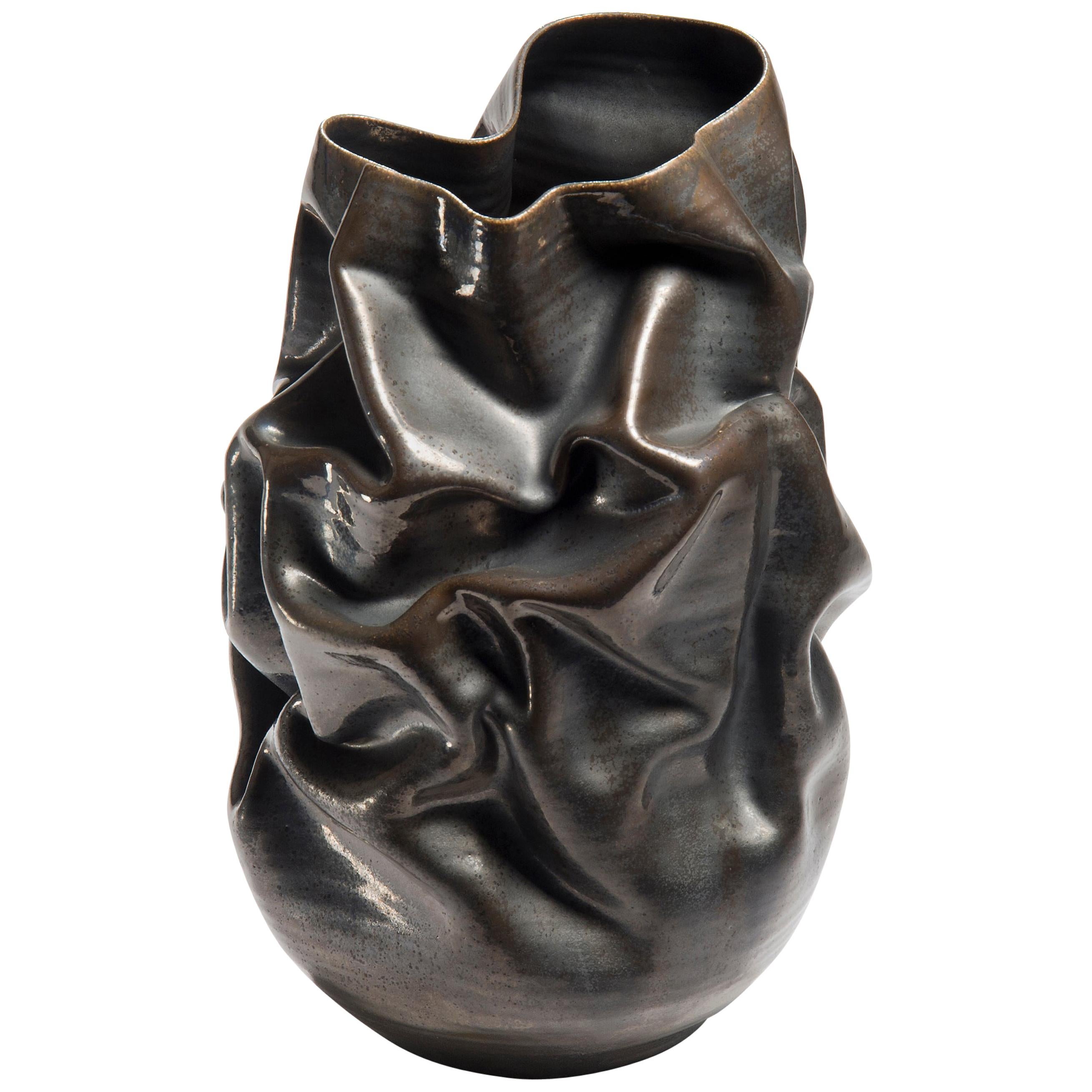 Black Metallic Crumpled Form No 32, Ceramic Vessel by Nicholas Arroyave-Portela