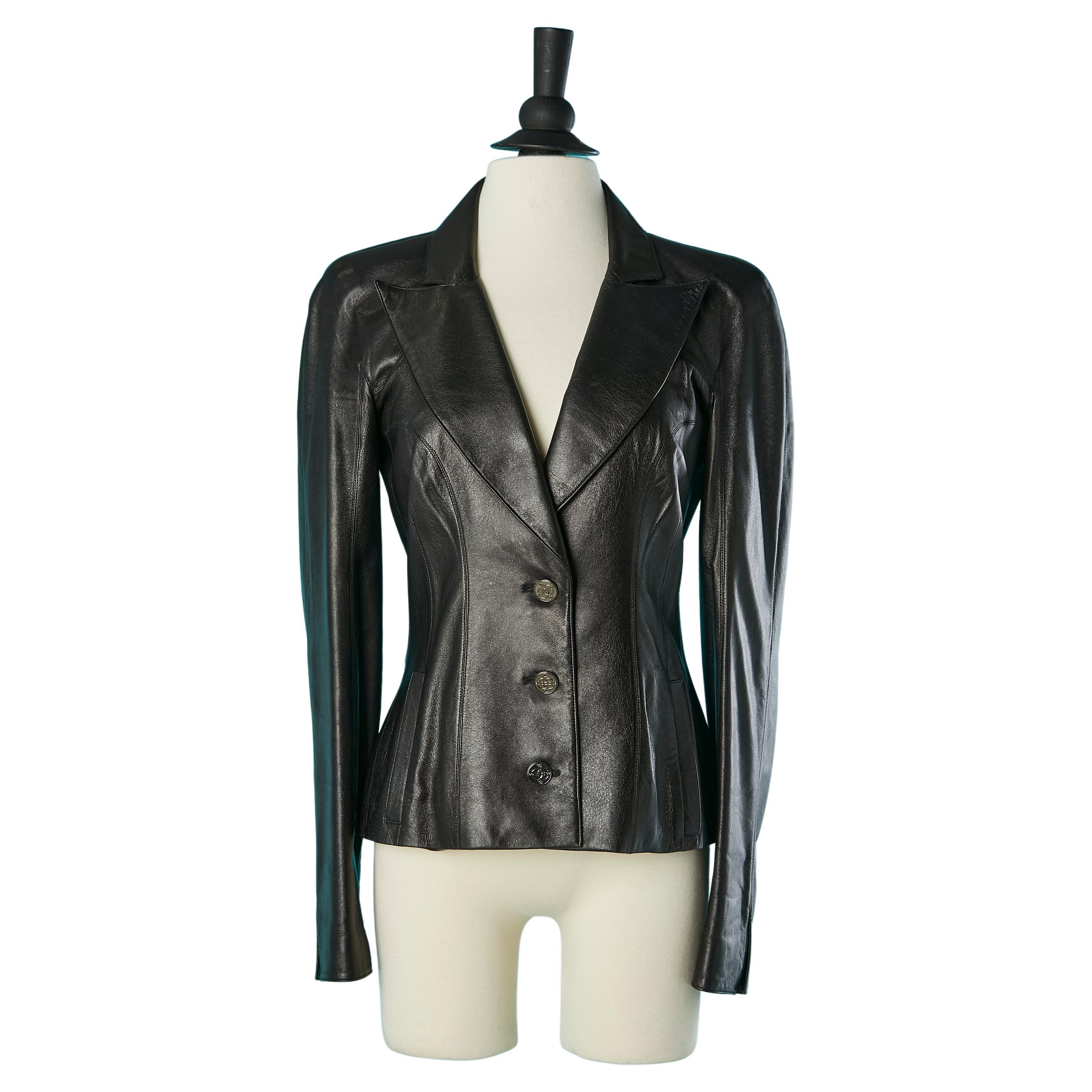 Black metallic leather single-breasted jacket Chanel  For Sale