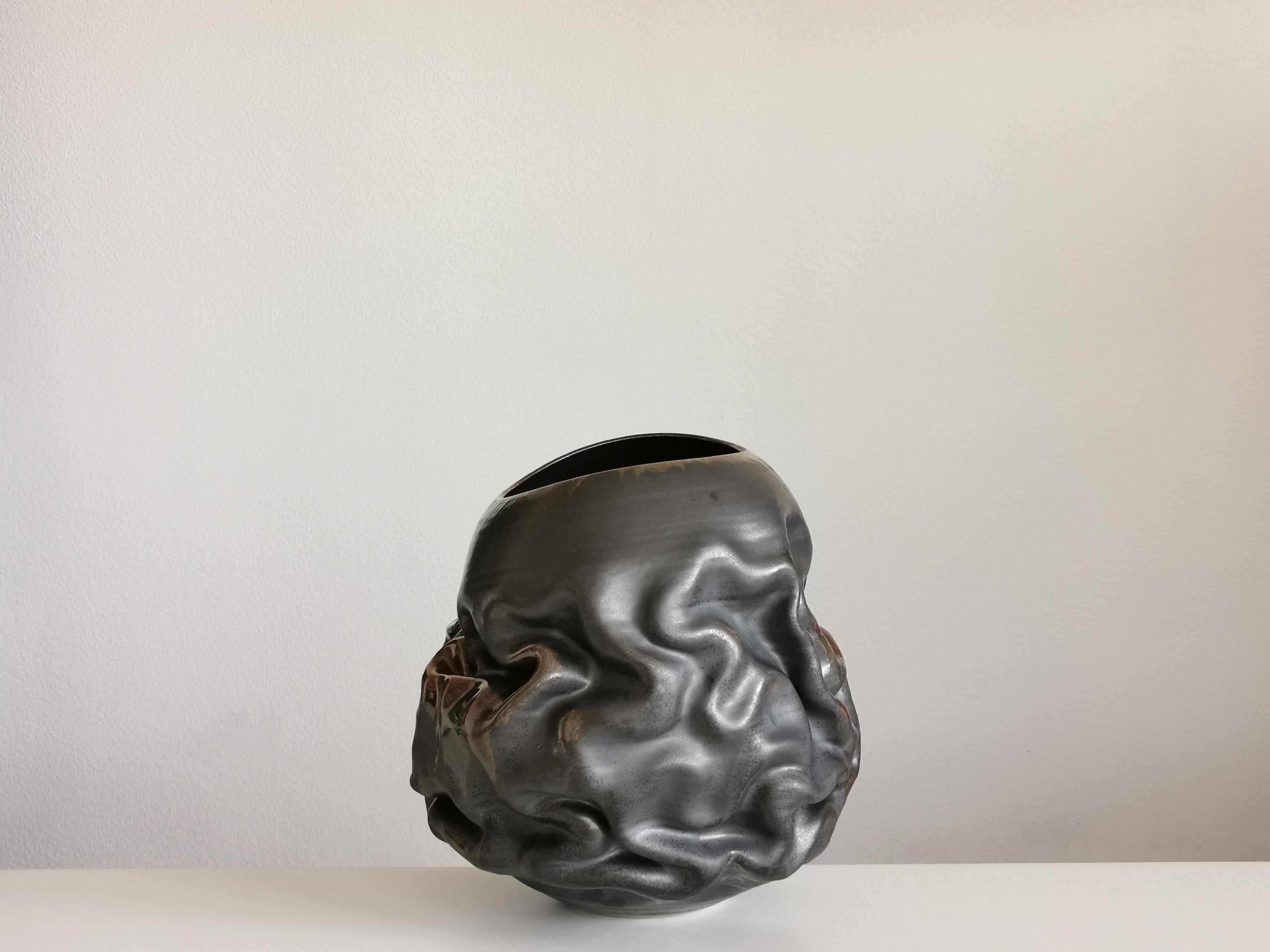 Black Metallic Oval Dehydrated Form, Vase, Interior Sculpture or Vessel, Objet D For Sale 3