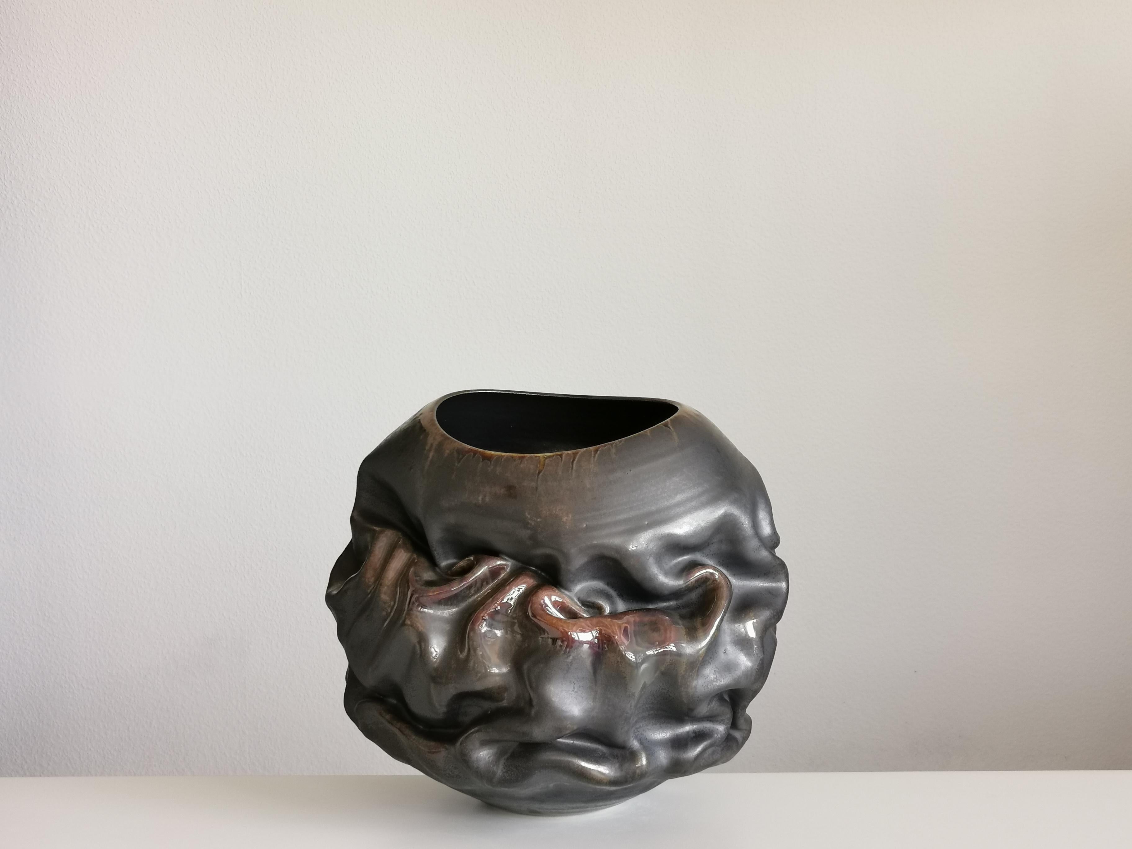 Black Metallic Oval Dehydrated Form, Vase, Interior Sculpture or Vessel, Objet D For Sale 5