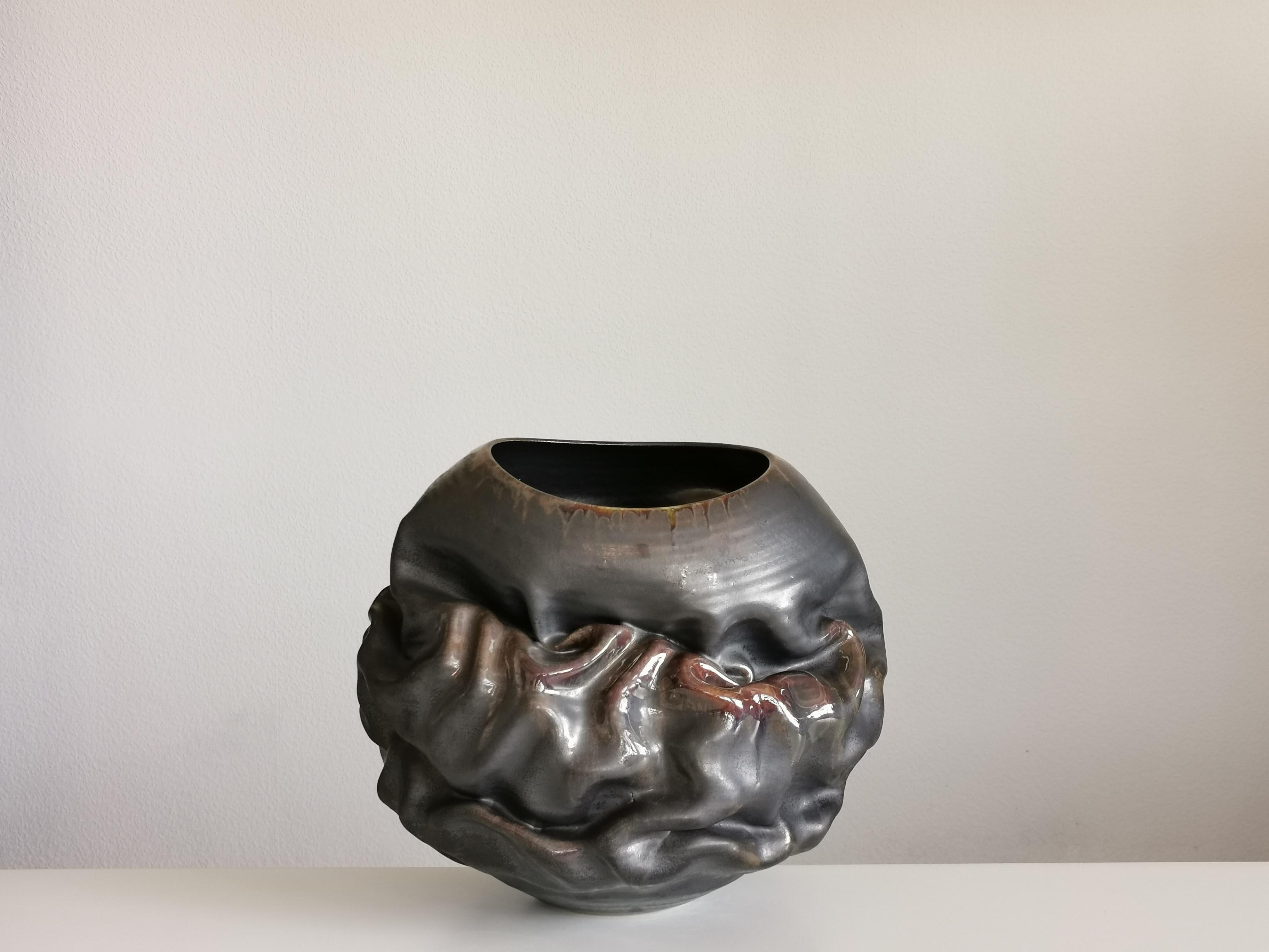 Black Metallic Oval Dehydrated Form, Vase, Interior Sculpture or Vessel, Objet D For Sale 6
