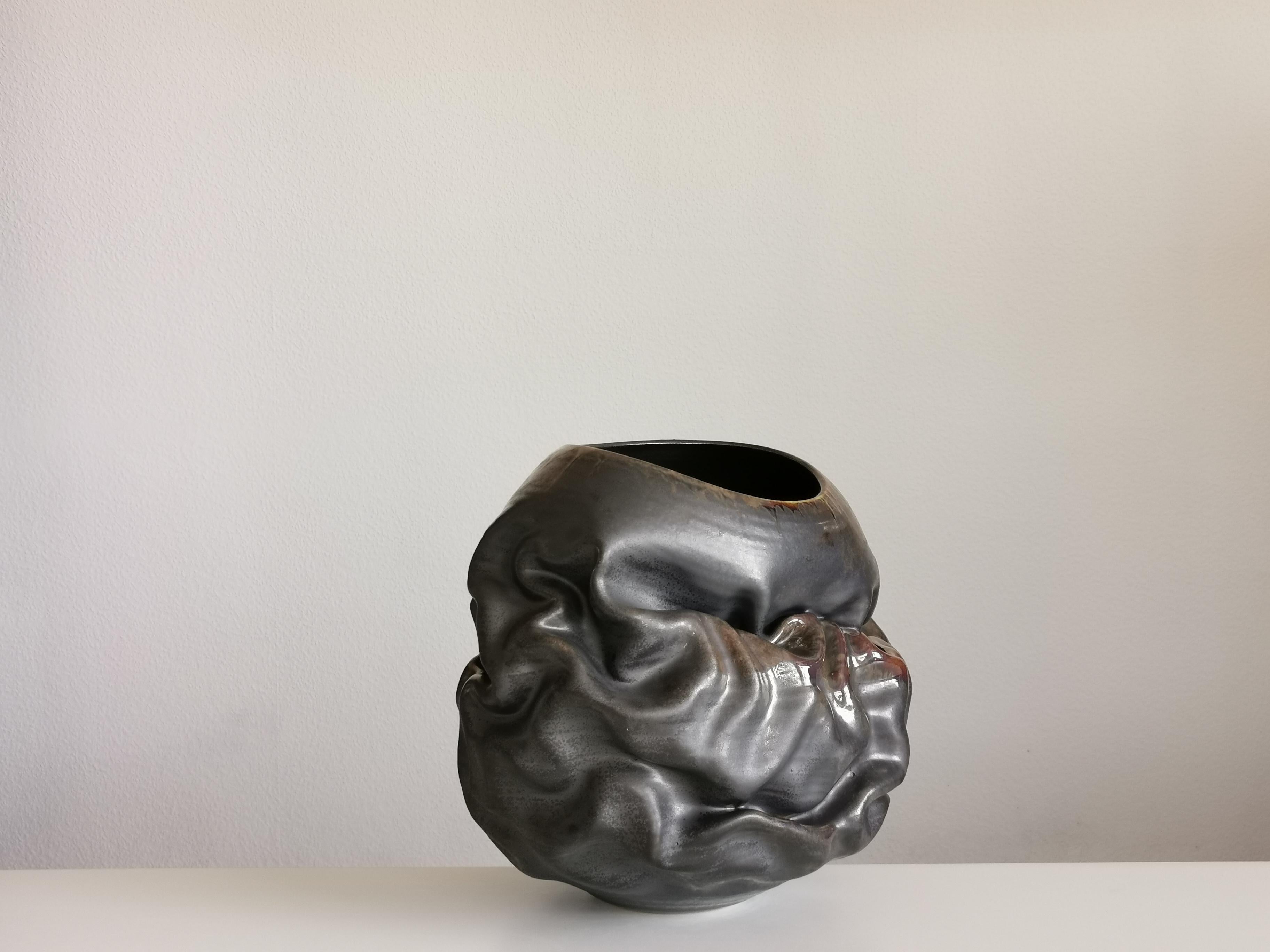 Organic Modern Black Metallic Oval Dehydrated Form, Vase, Interior Sculpture or Vessel, Objet D For Sale